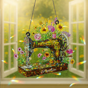 Personalized Sewing Machine Wildflower Hologram Acrylic Window Hanging, Custom Name Gift for Crafter, Seamstress, Mom, Grandma