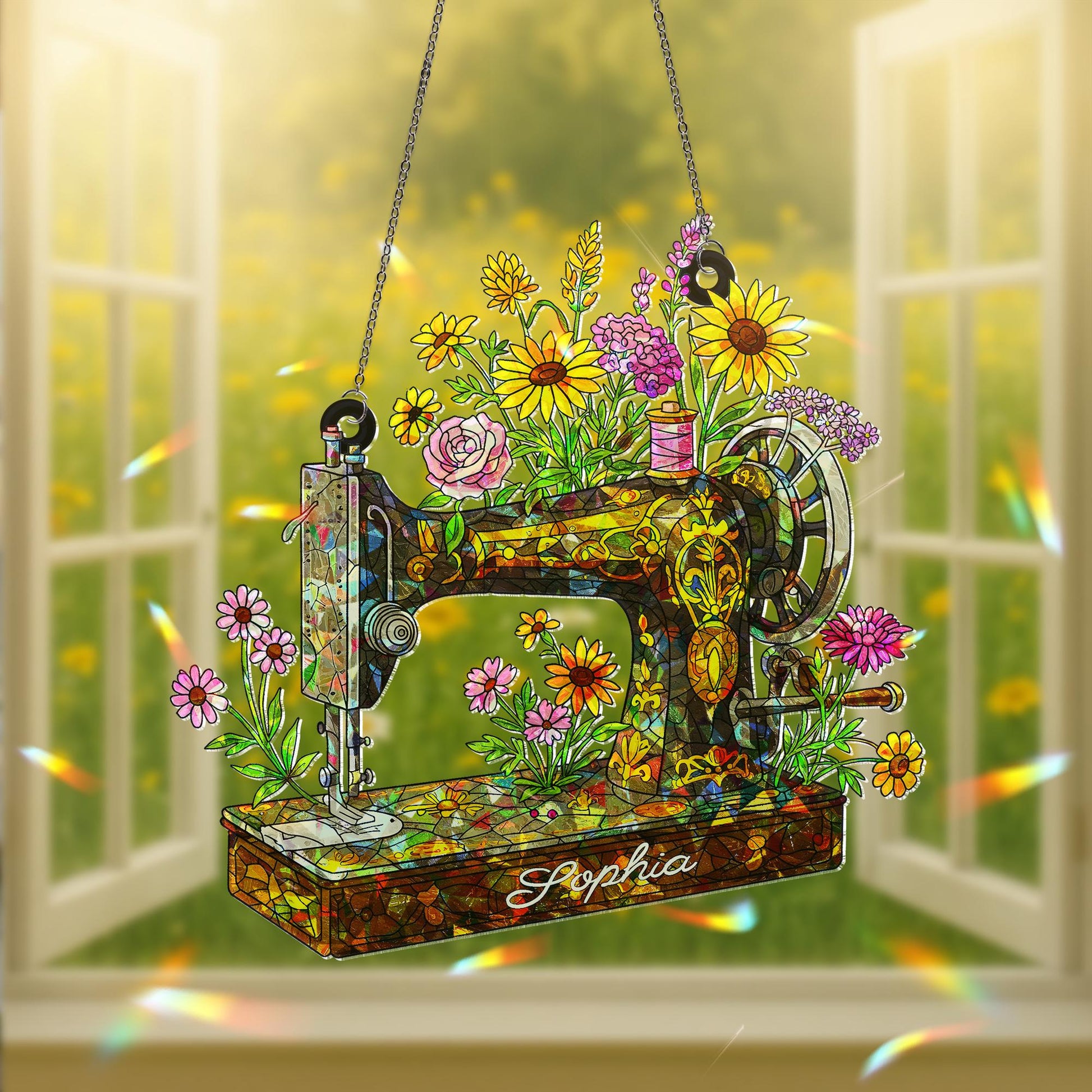 Personalized Sewing Machine Wildflower Hologram Acrylic Window Hanging, Custom Name Gift for Crafter, Seamstress, Mom, Grandma