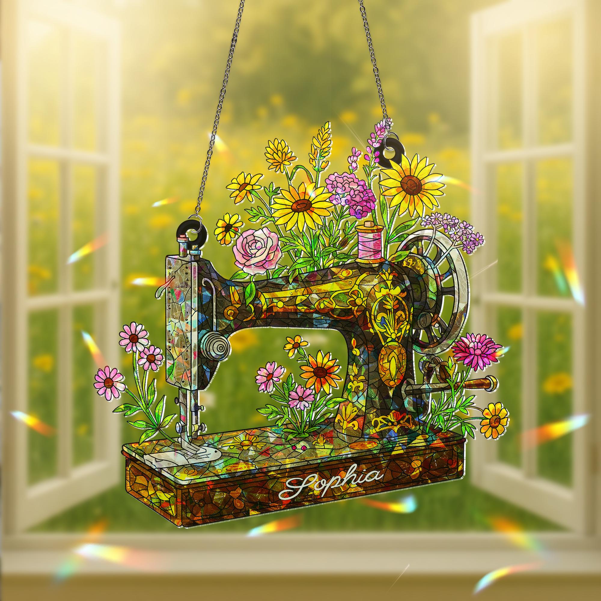 Personalized Sewing Machine Wildflower Hologram Acrylic Window Hanging, Custom Name Gift for Crafter, Seamstress, Mom, Grandma