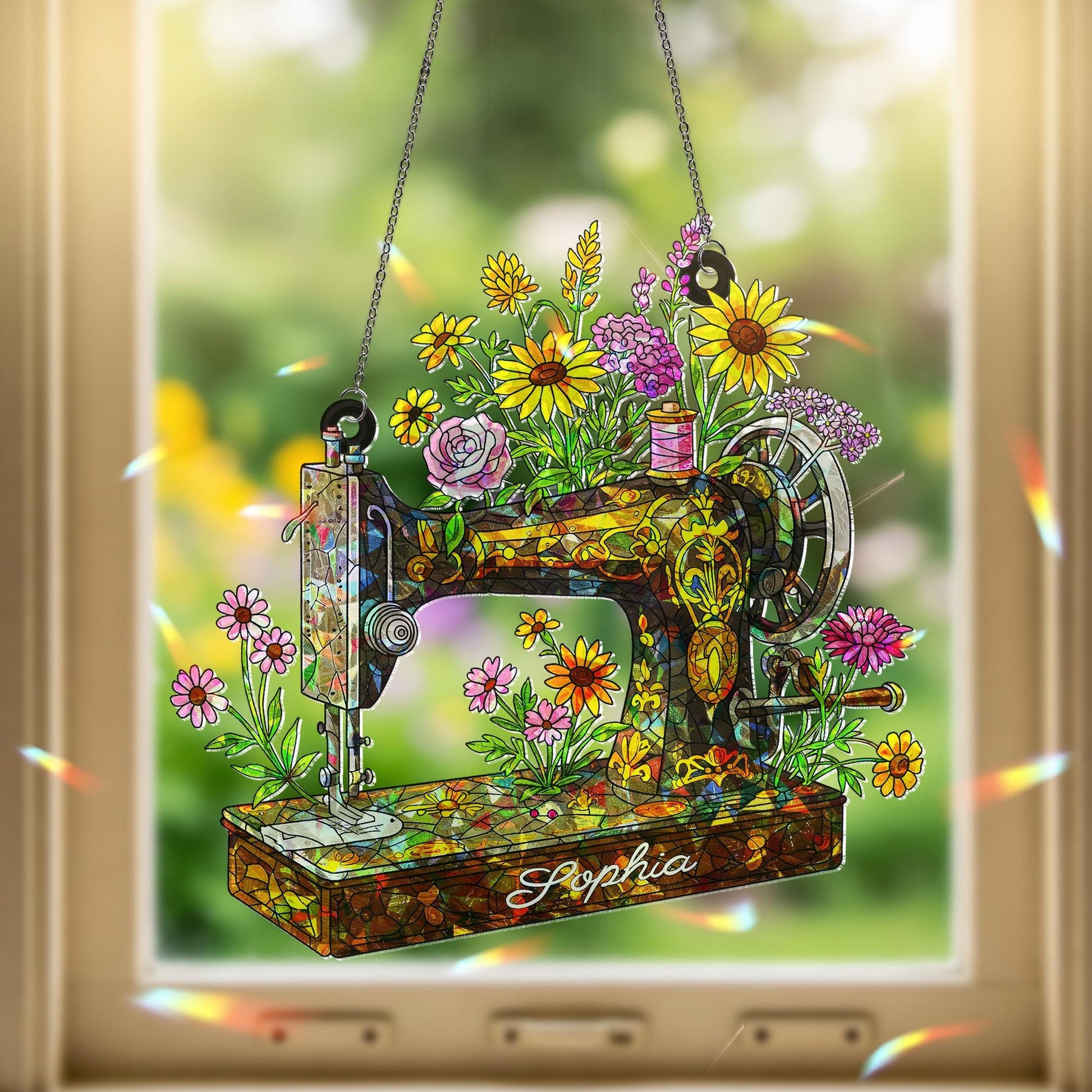 Personalized Sewing Machine Wildflower Hologram Acrylic Window Hanging, Custom Name Gift for Crafter, Seamstress, Mom, Grandma
