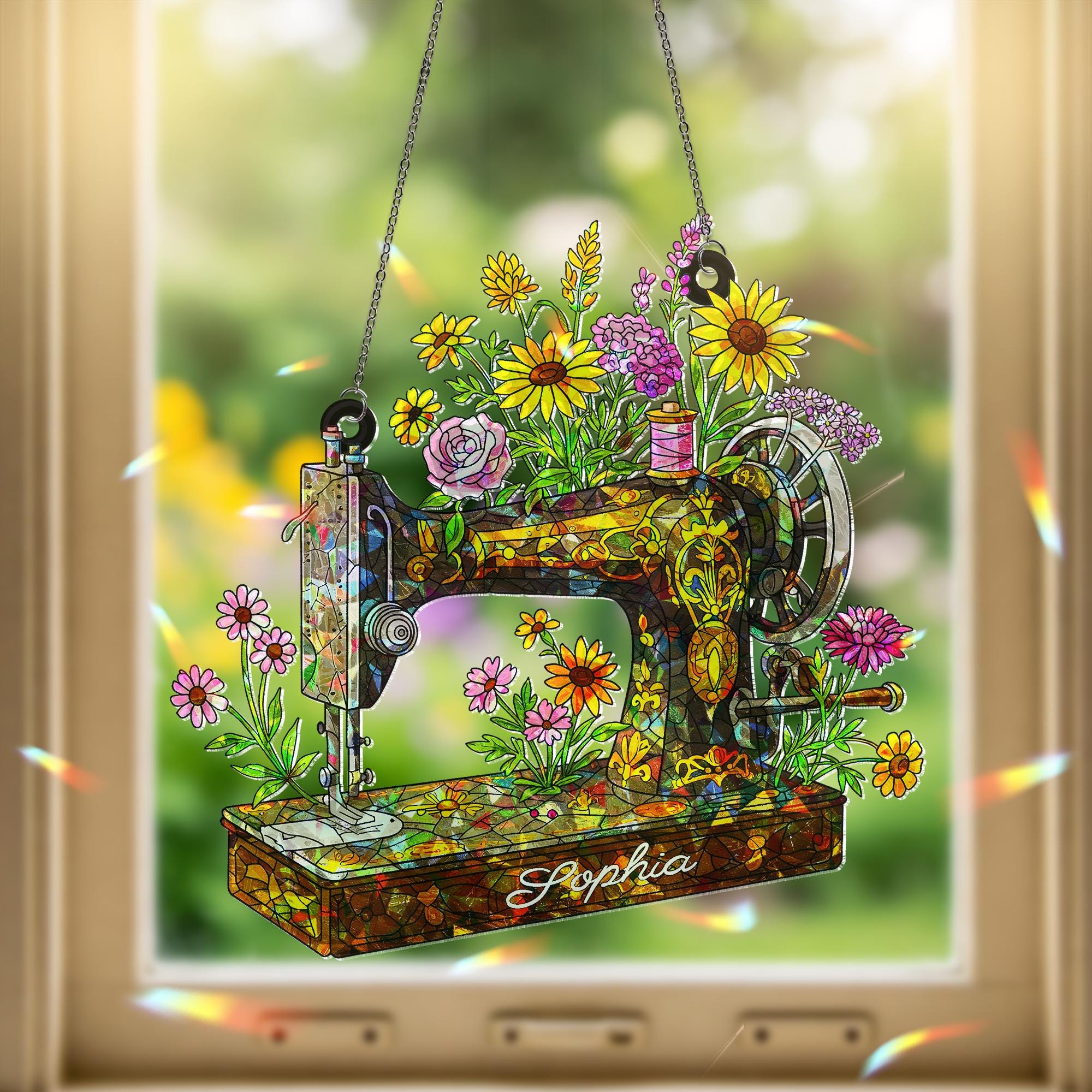 Personalized Sewing Machine Wildflower Hologram Acrylic Window Hanging, Custom Name Gift for Crafter, Seamstress, Mom, Grandma