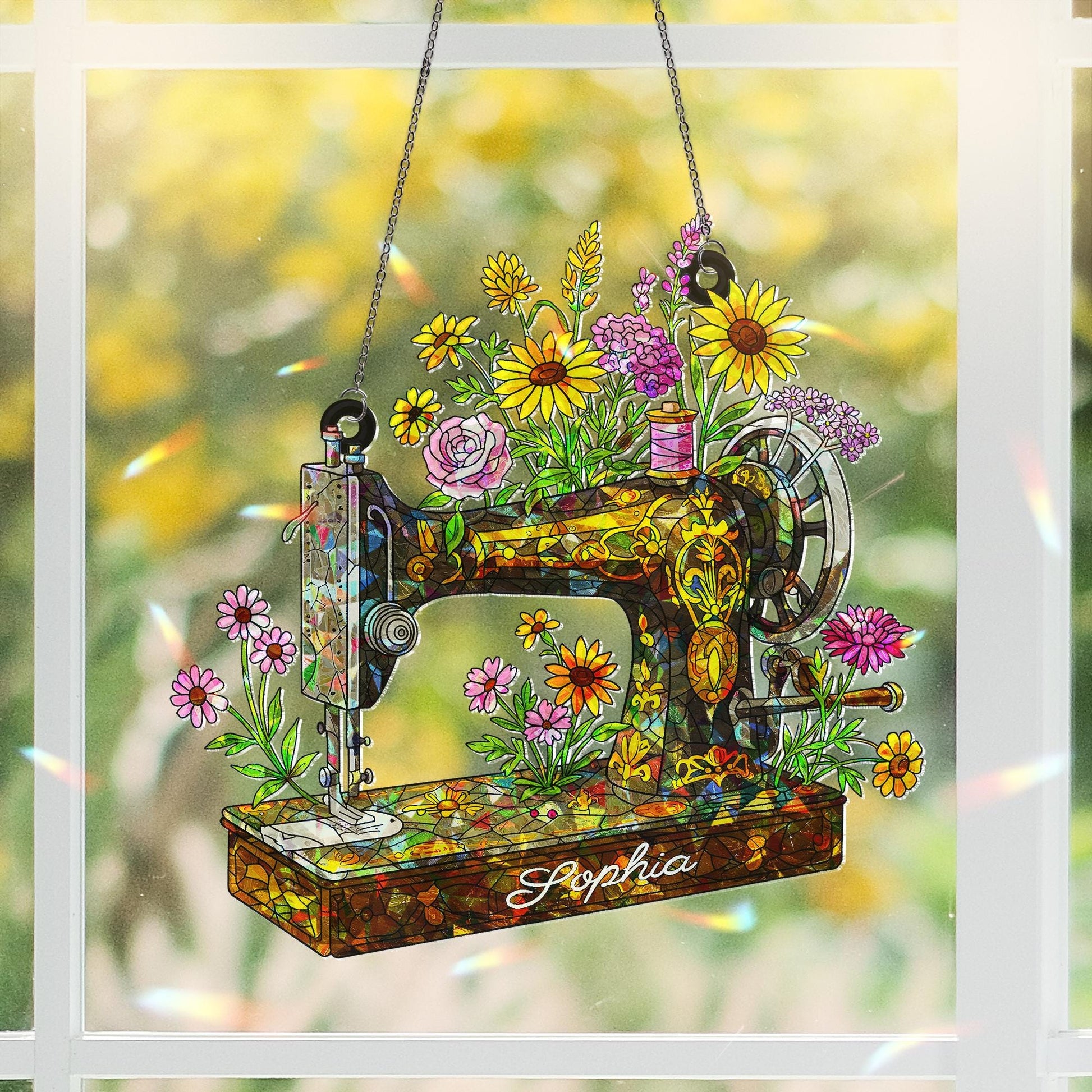 Personalized Sewing Machine Wildflower Hologram Acrylic Window Hanging, Custom Name Gift for Crafter, Seamstress, Mom, Grandma