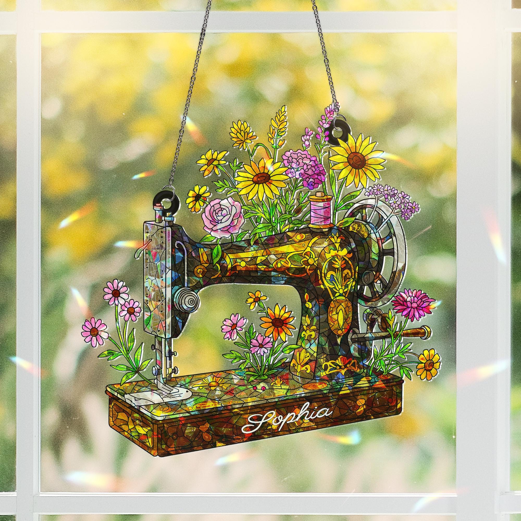 Personalized Sewing Machine Wildflower Hologram Acrylic Window Hanging, Custom Name Gift for Crafter, Seamstress, Mom, Grandma