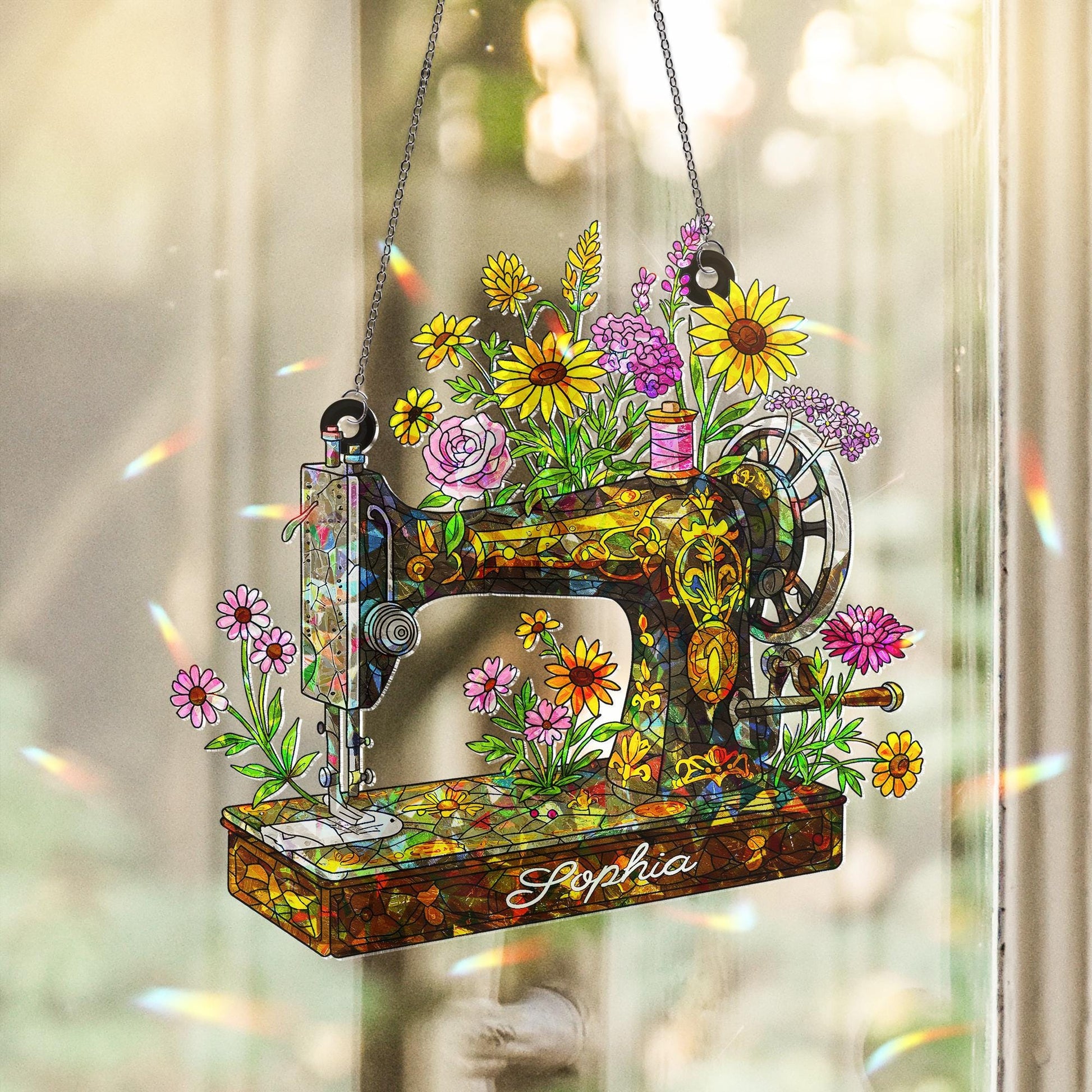 Personalized Sewing Machine Wildflower Hologram Acrylic Window Hanging, Custom Name Gift for Crafter, Seamstress, Mom, Grandma
