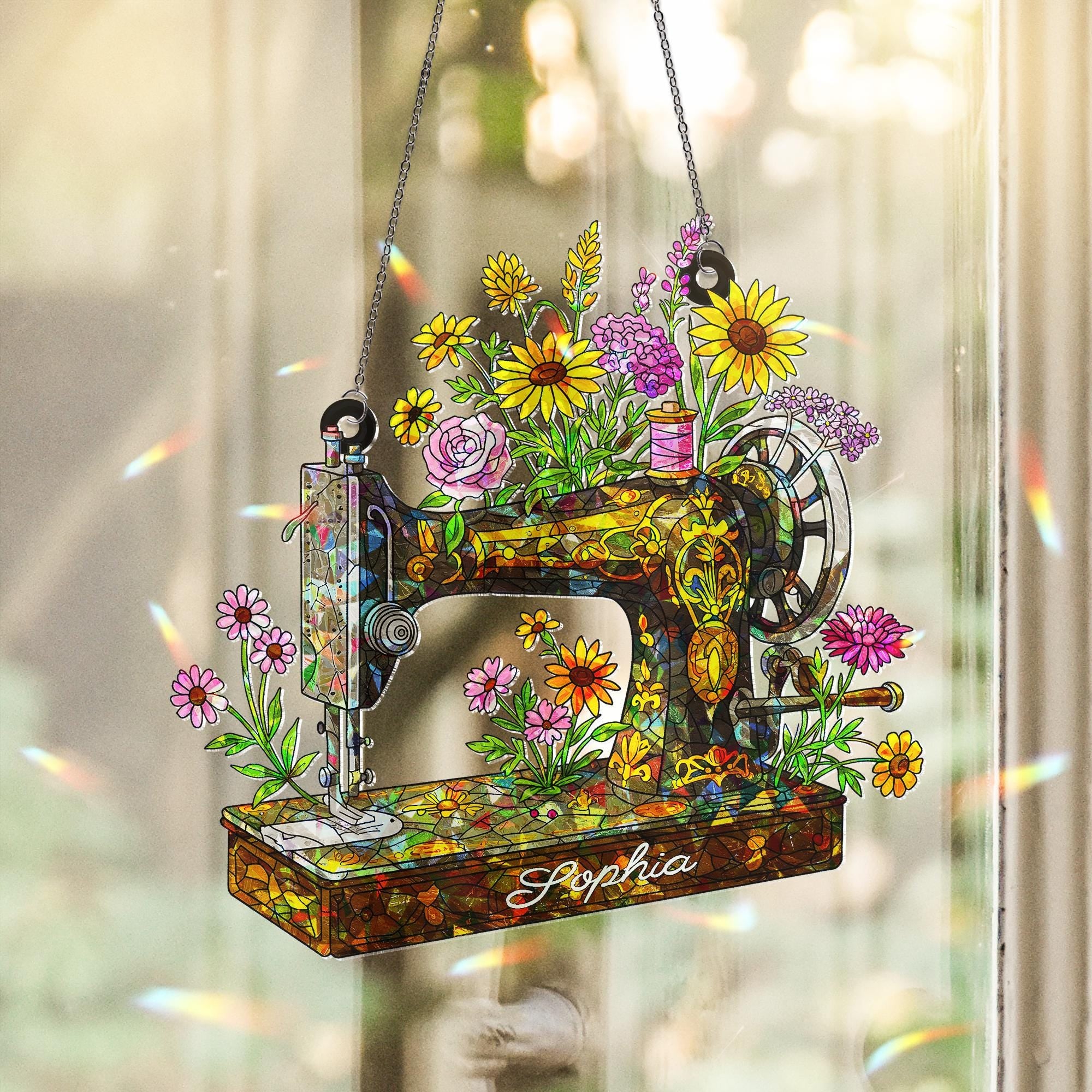 Personalized Sewing Machine Wildflower Hologram Acrylic Window Hanging, Custom Name Gift for Crafter, Seamstress, Mom, Grandma