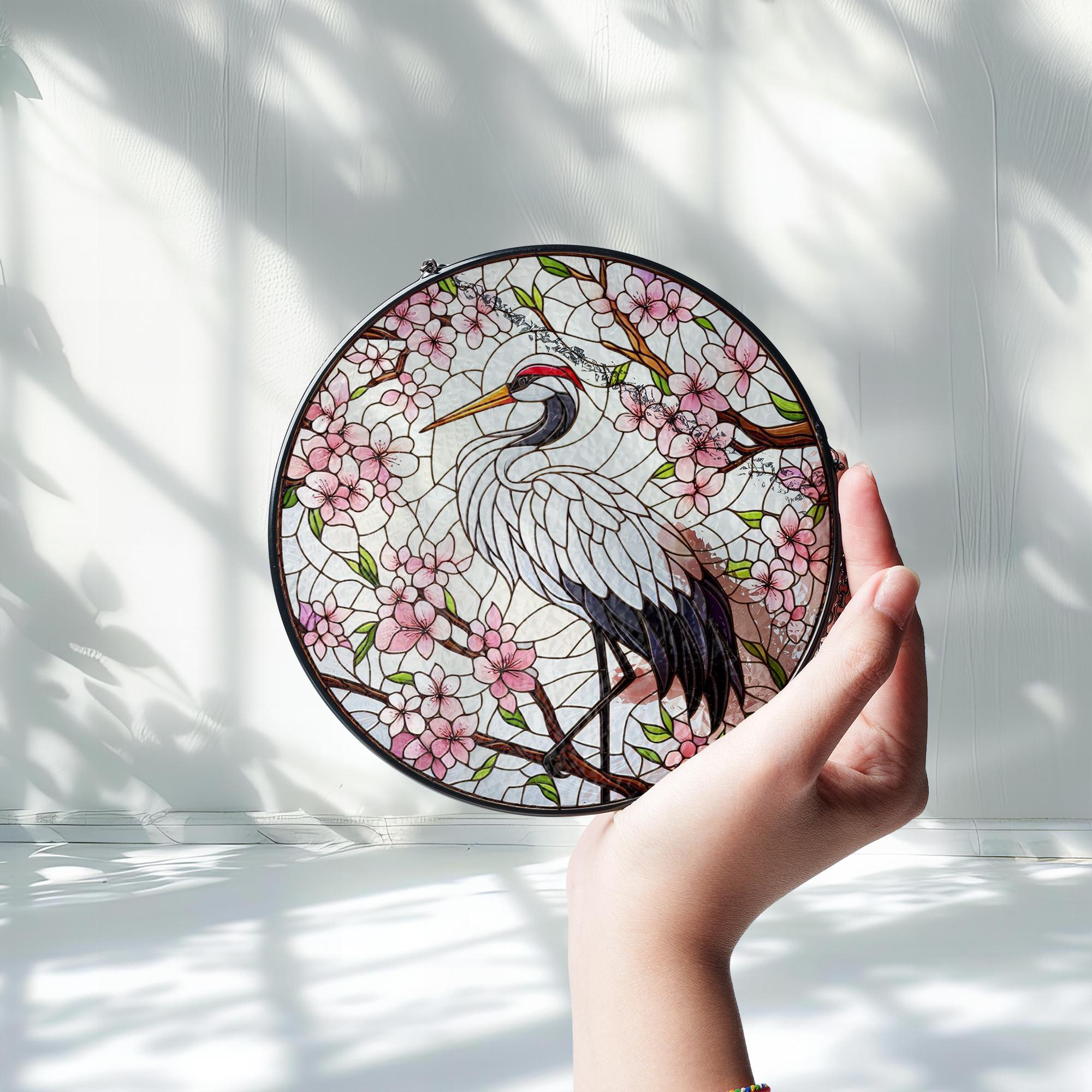 Crane with Cherry Blossom Glass Suncatcher – Elegant Window Decor – Mother’s Day Gift – Japanese Inspired Floral Hanging Art