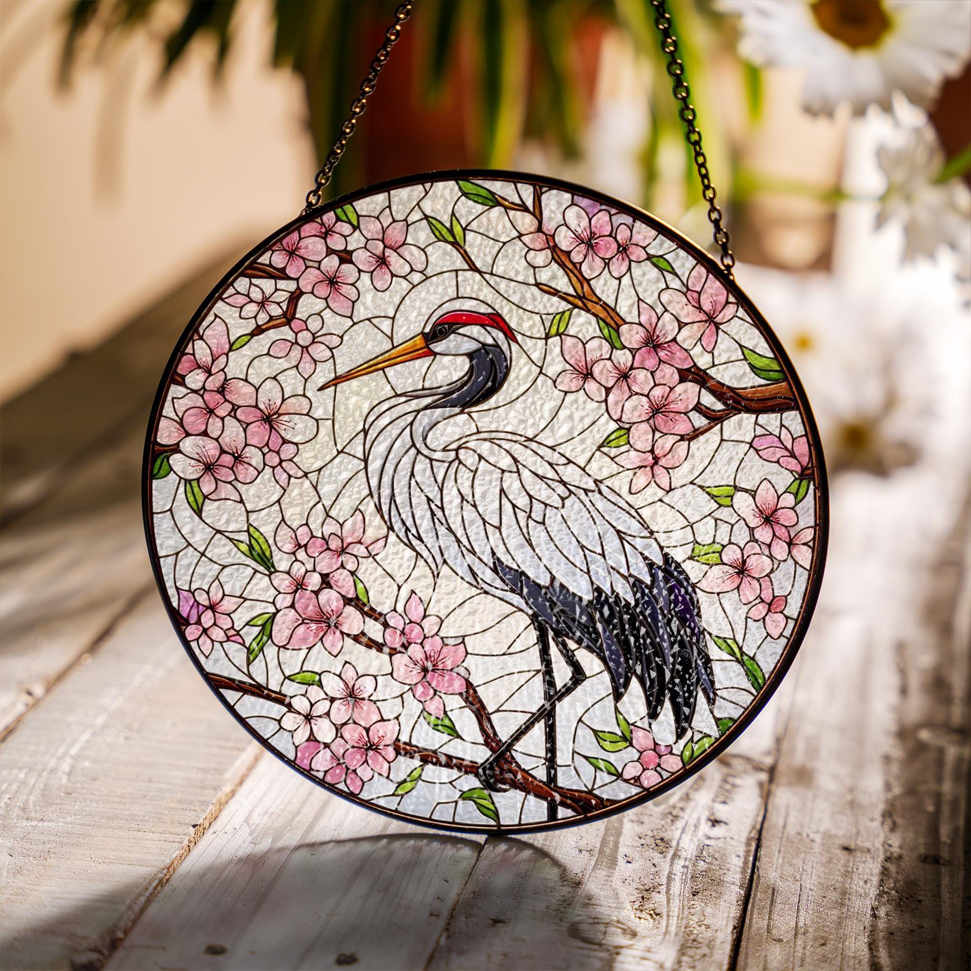 Crane with Cherry Blossom Glass Suncatcher – Elegant Window Decor – Mother’s Day Gift – Japanese Inspired Floral Hanging Art