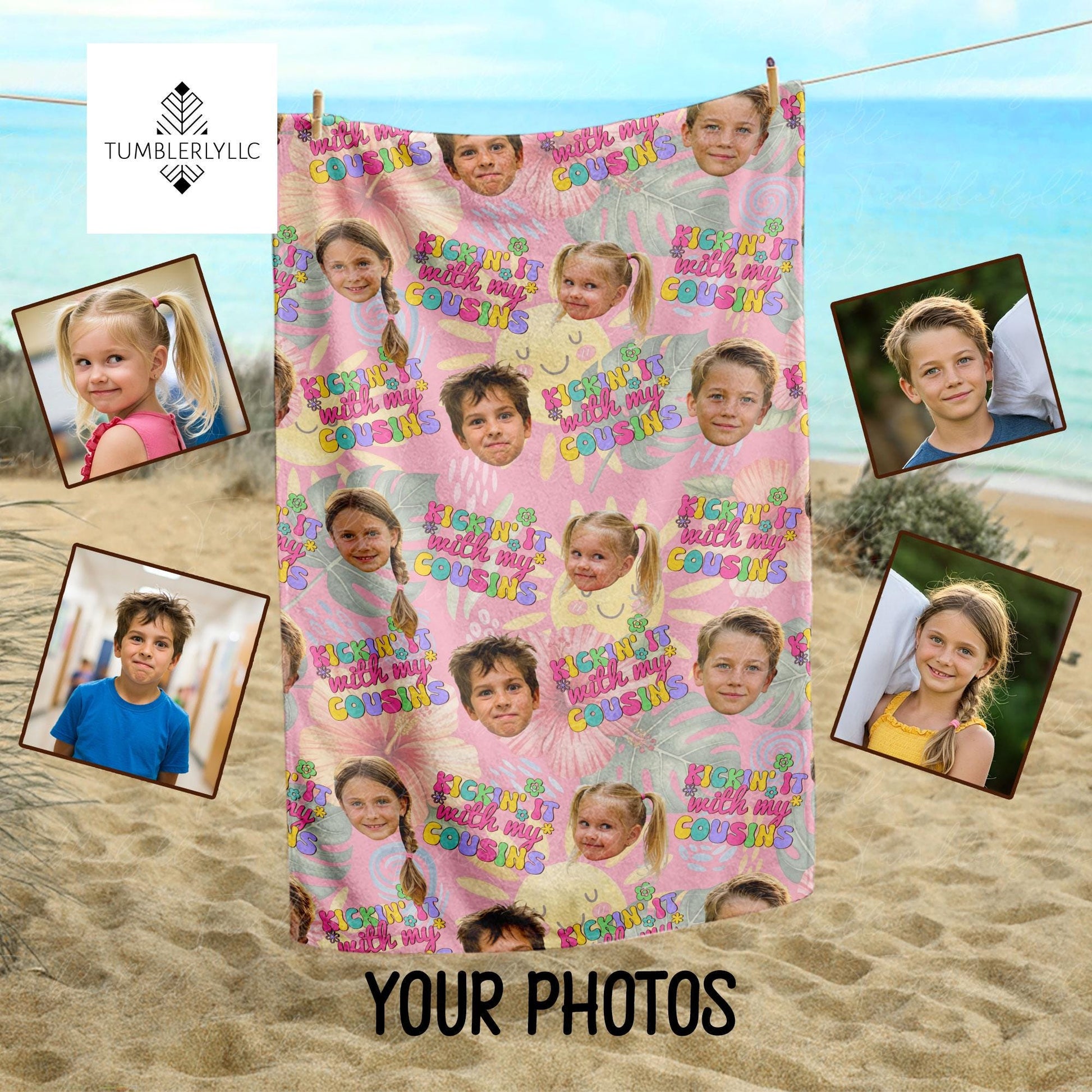 Custom Cousin Face Beach Towel – Personalized Kids Summer Gift, Cute Vacation Pool Towel with Photos, Fun Family Memory Keepsake