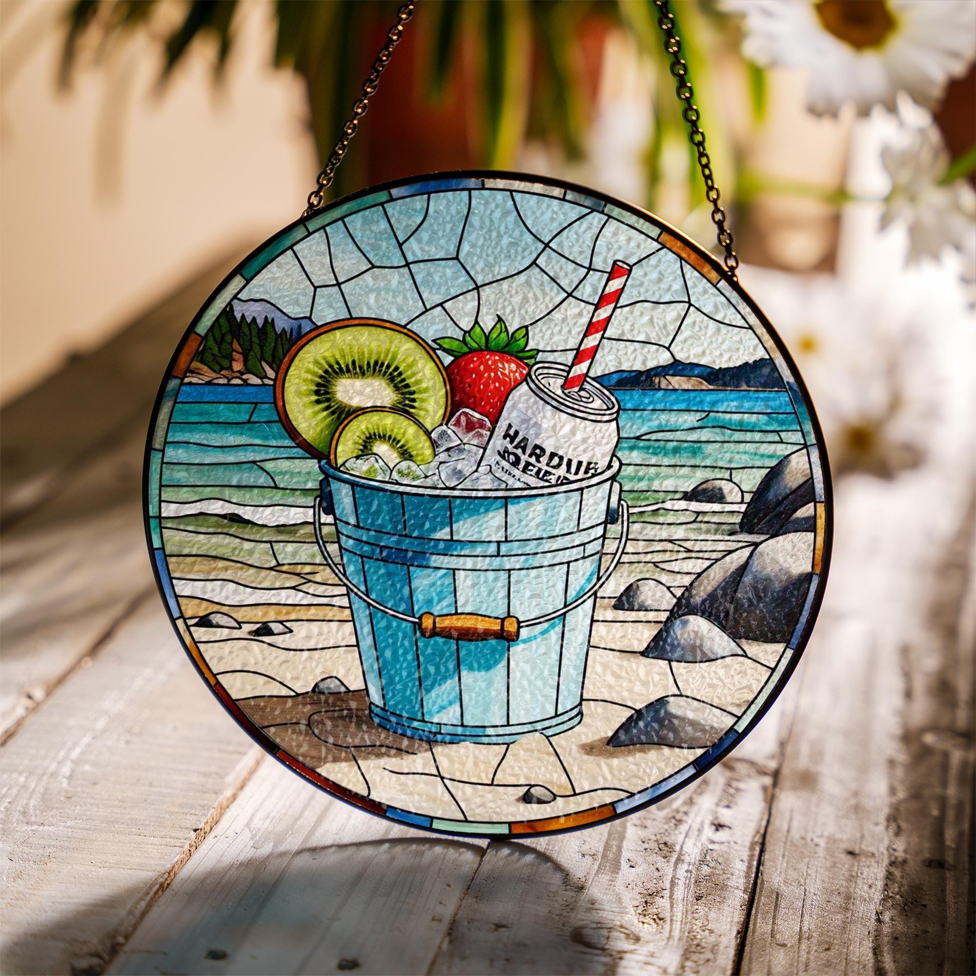 Cocktail on the Beach Glass Suncatcher – Tropical Window Decor – Relaxing Mother's Day Gift for Beach Lovers & Summer Vibes