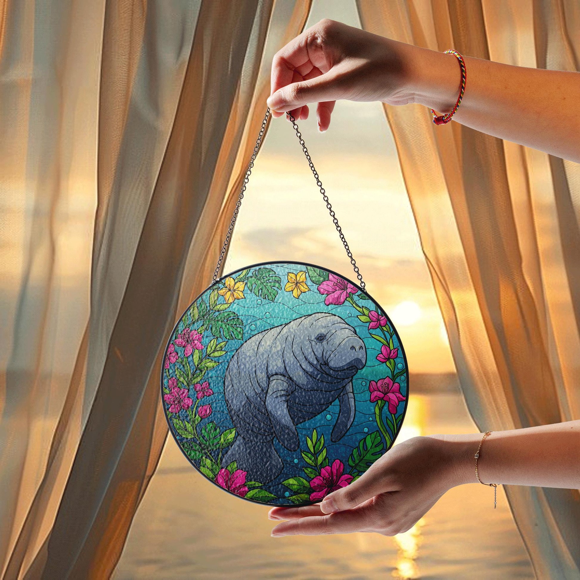Colorful Manatee Glass Suncatcher – Stained Glass Style Ocean Animal Decor with Flowers – Hanging Window Art for Beach Lovers
