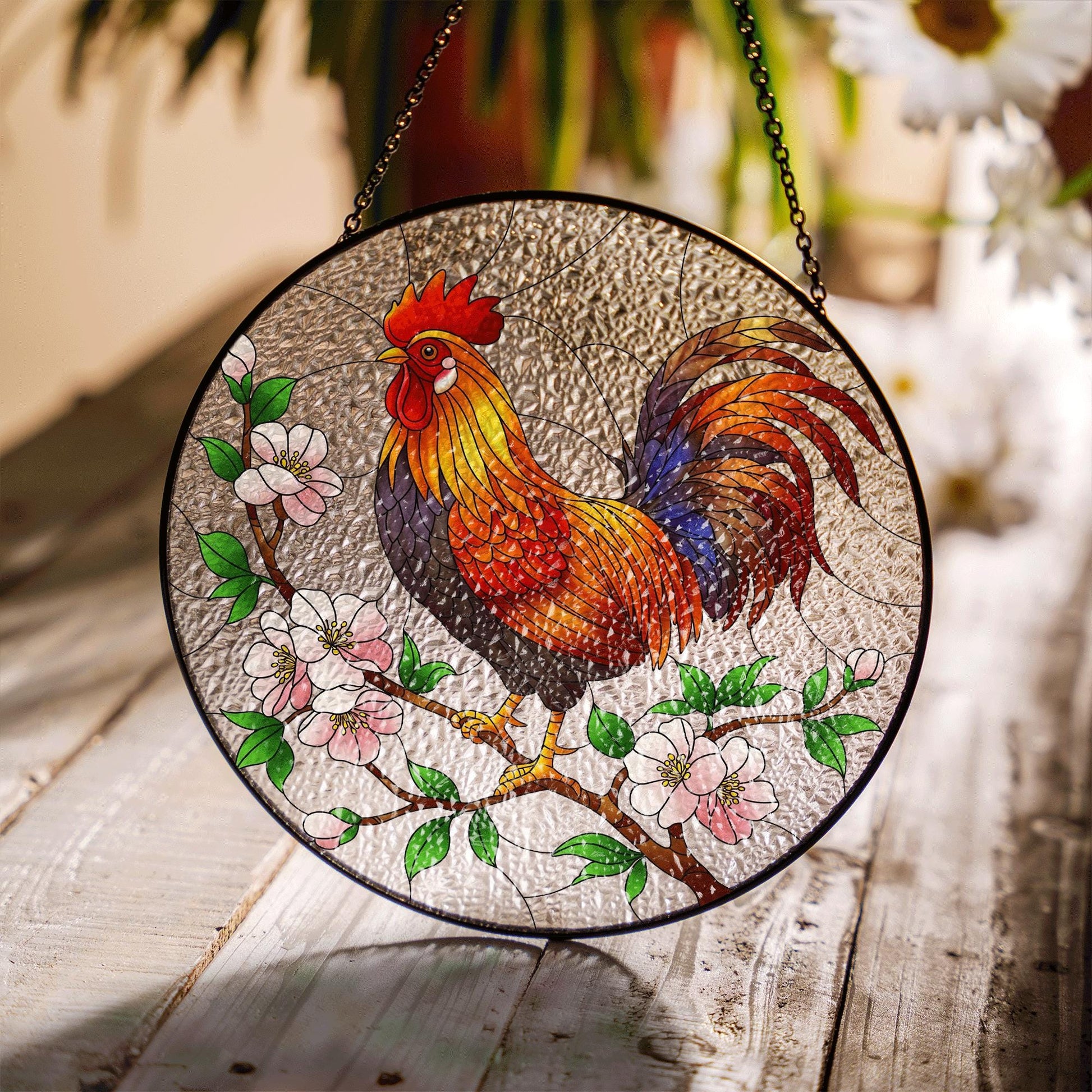 Colorful Rooster Glass Suncatcher – Stained Glass Farm Animal Decor with Cherry Blossoms – Hanging Window Art for Rustic Homes