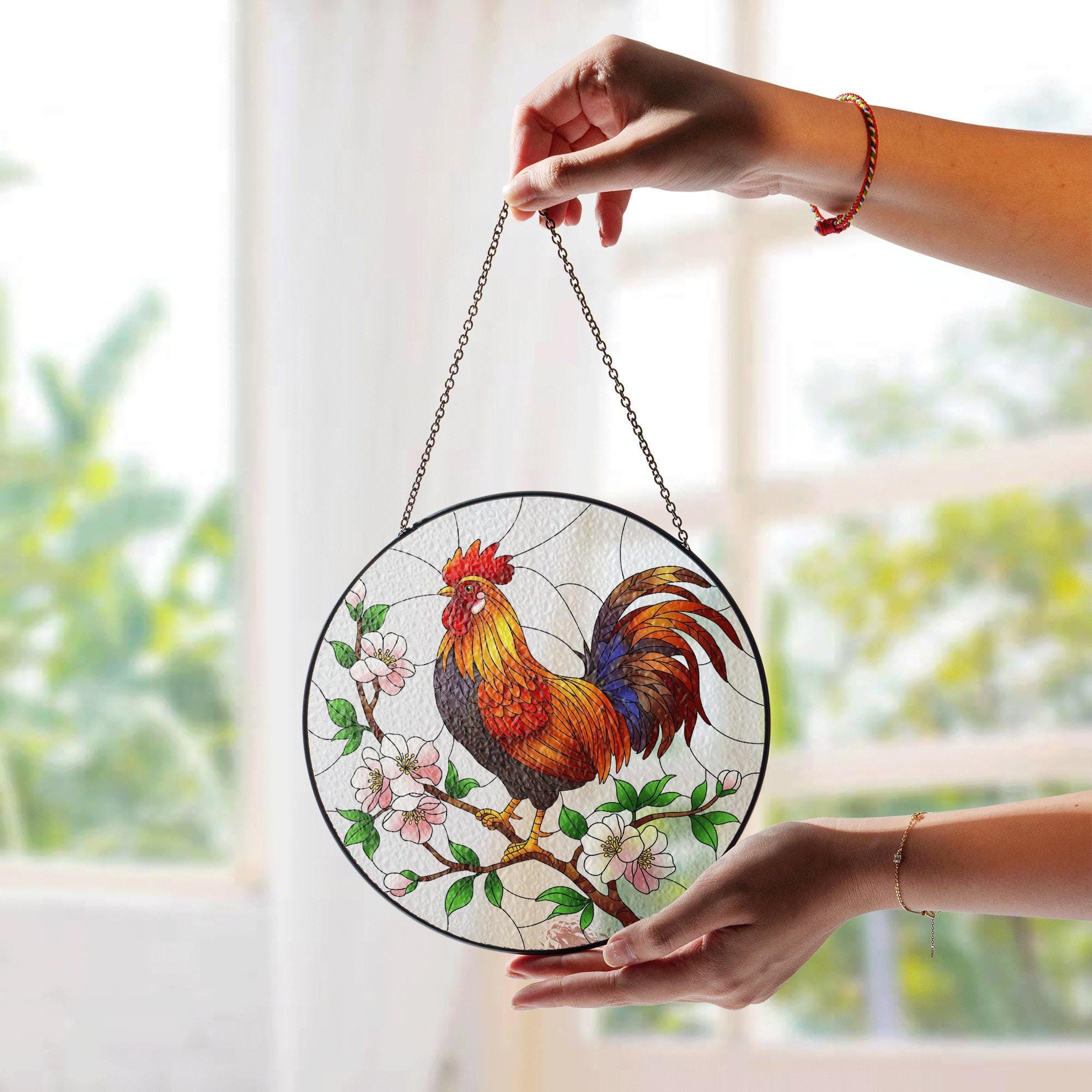 Colorful Rooster Glass Suncatcher – Stained Glass Farm Animal Decor with Cherry Blossoms – Hanging Window Art for Rustic Homes