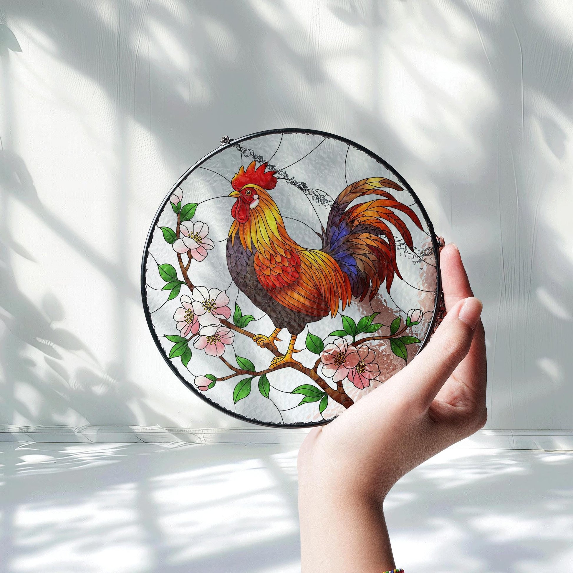 Colorful Rooster Glass Suncatcher – Stained Glass Farm Animal Decor with Cherry Blossoms – Hanging Window Art for Rustic Homes