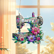 Personalized Sewing Machine Hologram Acrylic Window Hanging – Floral Stained Look Decor for Seamstresses, Quilters, and Sewing Room Gifts
