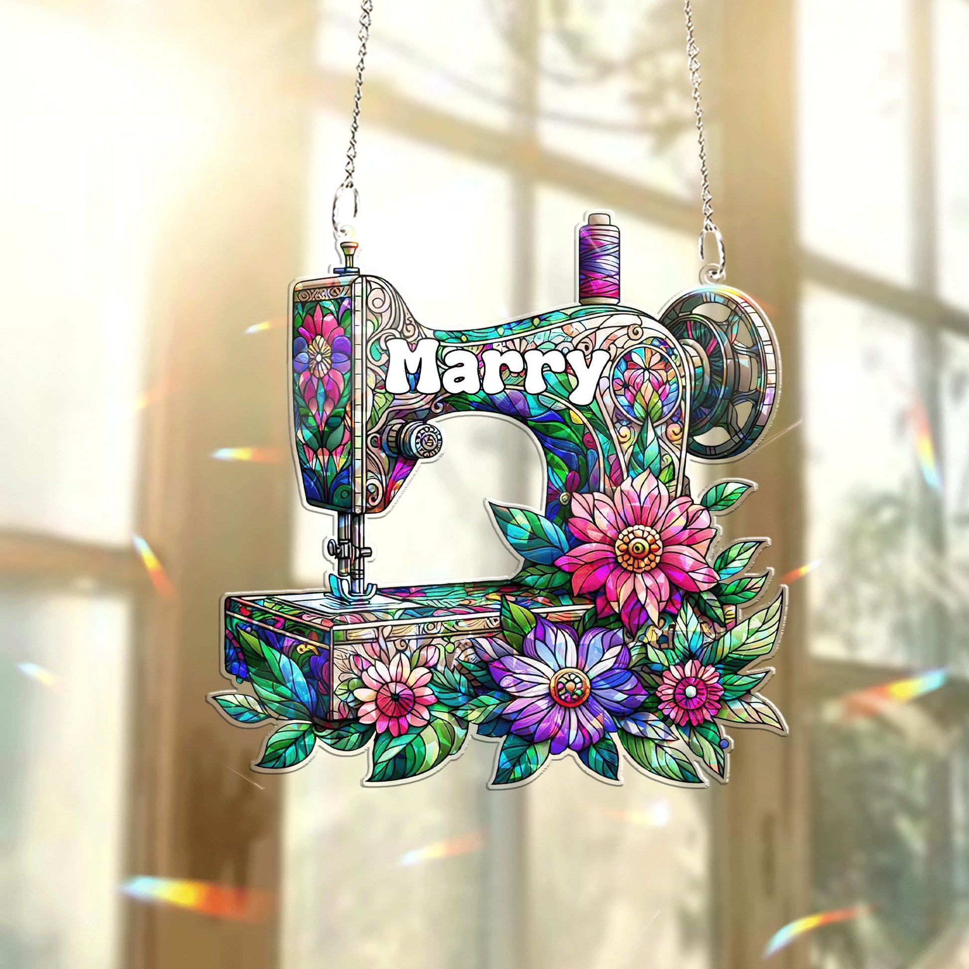 Personalized Sewing Machine Hologram Acrylic Window Hanging – Floral Stained Look Decor for Seamstresses, Quilters, and Sewing Room Gifts