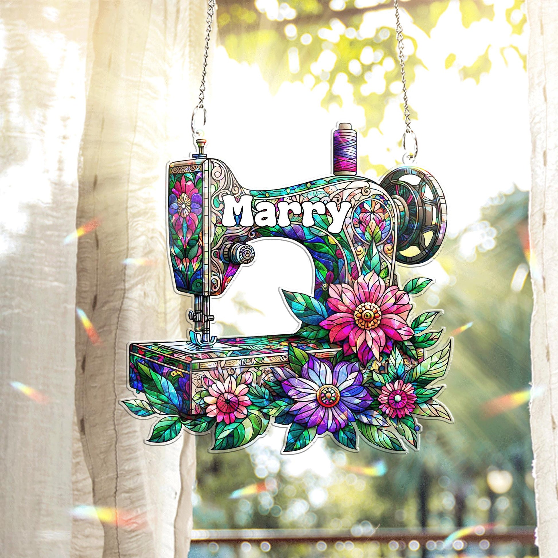 Personalized Sewing Machine Hologram Acrylic Window Hanging – Floral Stained Look Decor for Seamstresses, Quilters, and Sewing Room Gifts