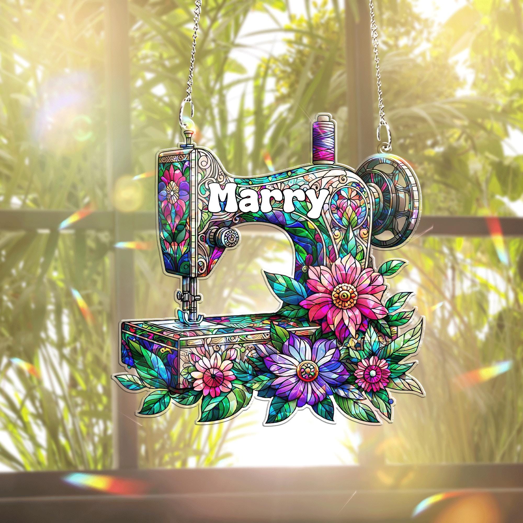 Personalized Sewing Machine Hologram Acrylic Window Hanging – Floral Stained Look Decor for Seamstresses, Quilters, and Sewing Room Gifts