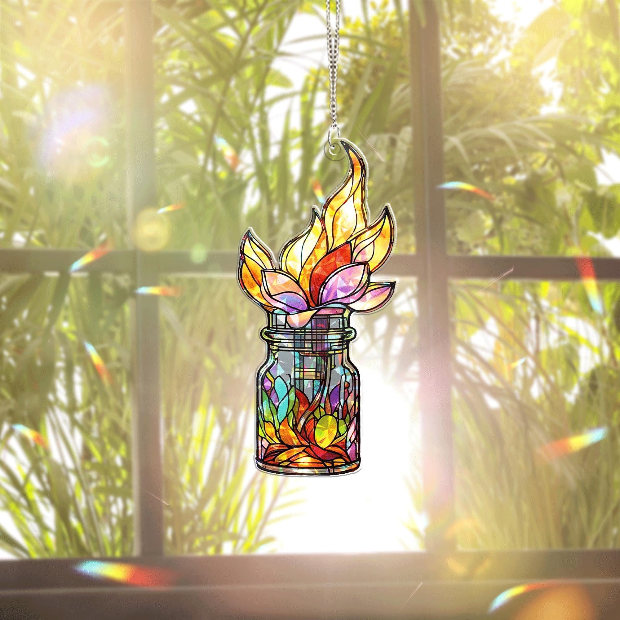 Colorful Flame Flower Jar Hologram Acrylic Window Hanging – Boho Plant Decor, Unique Nature Lover Gift, Lotus Lover Gift