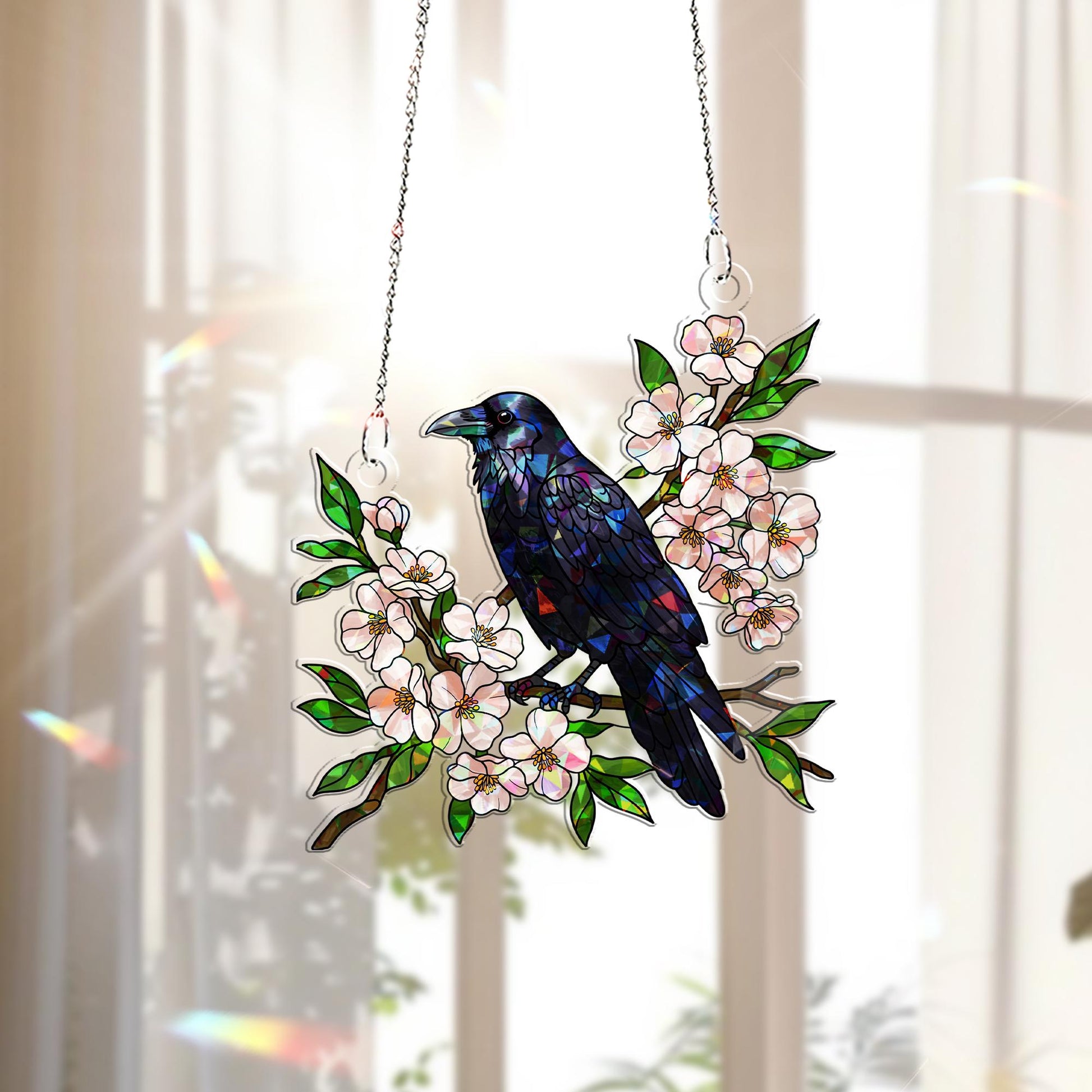 Crow with Cherry Blossom Hologram Acrylic Window Hanging – Elegant Nature Decor – Perfect Mother's Day Gift – Bird & Floral Art