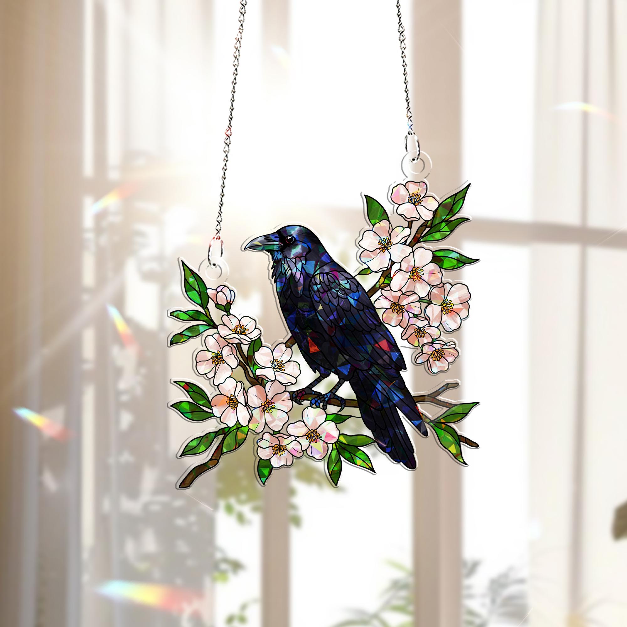 Crow with Cherry Blossom Hologram Acrylic Window Hanging – Elegant Nature Decor – Perfect Mother's Day Gift – Bird & Floral Art