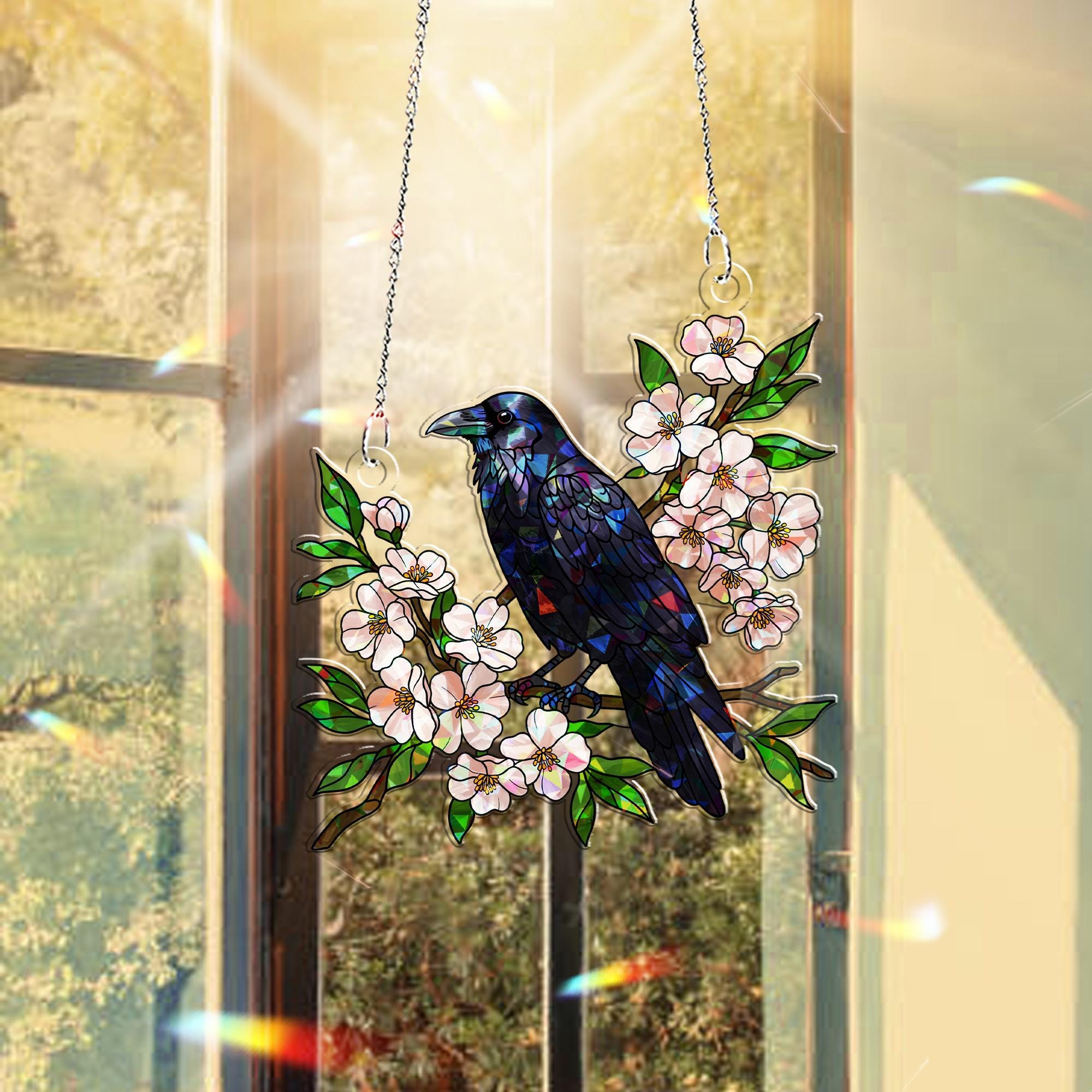 Crow with Cherry Blossom Hologram Acrylic Window Hanging – Elegant Nature Decor – Perfect Mother's Day Gift – Bird & Floral Art