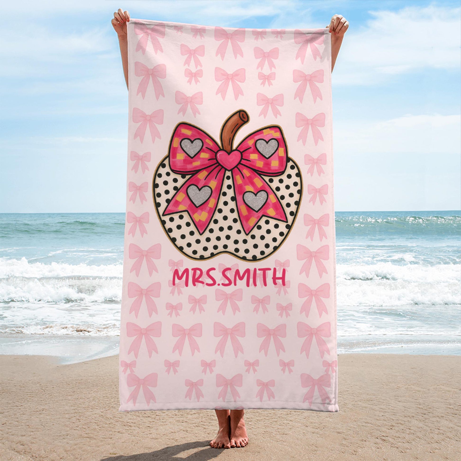 Custom Coquette Bow Teacher Towel – Personalized Name Beach Gift for Teacher, Pink Gingham Apple Summer Break Gift for Mrs. or Miss