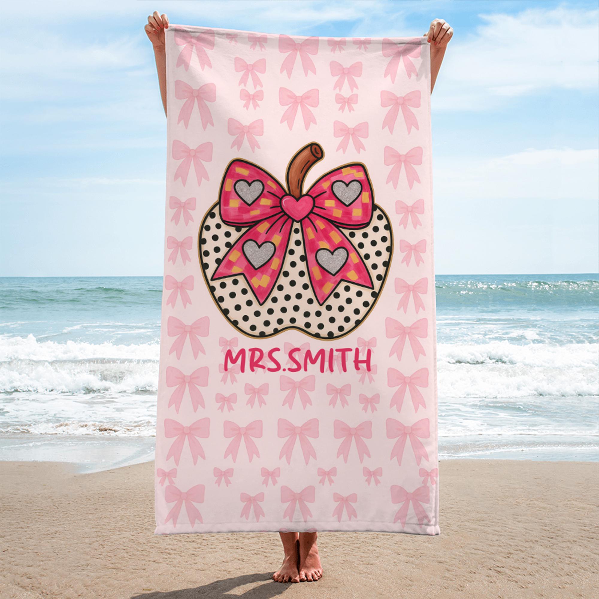 Custom Coquette Bow Teacher Towel – Personalized Name Beach Gift for Teacher, Pink Gingham Apple Summer Break Gift for Mrs. or Miss