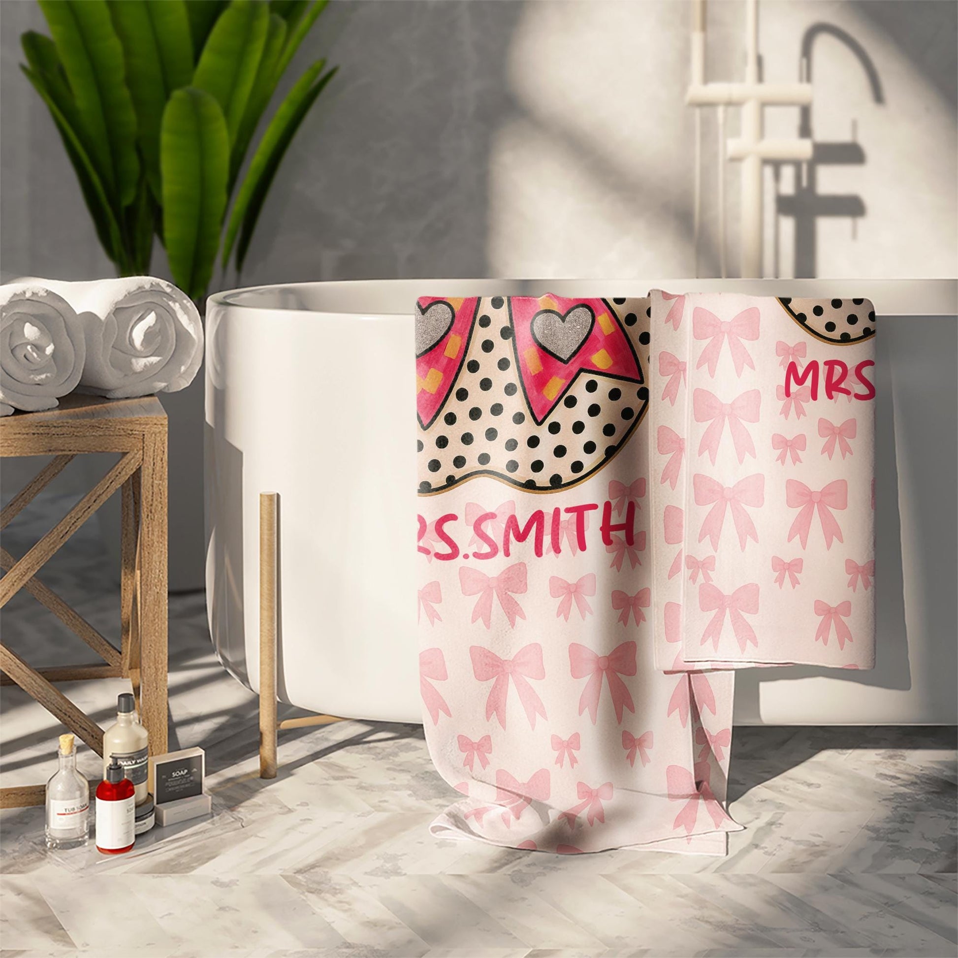 Custom Coquette Bow Teacher Towel – Personalized Name Beach Gift for Teacher, Pink Gingham Apple Summer Break Gift for Mrs. or Miss