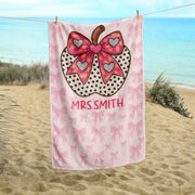 Custom Coquette Bow Teacher Towel – Personalized Name Beach Gift for Teacher, Pink Gingham Apple Summer Break Gift for Mrs. or Miss