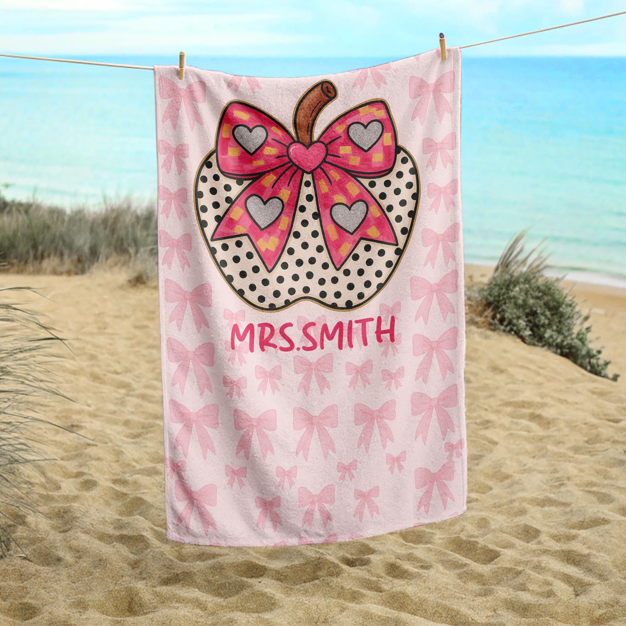 Custom Coquette Bow Teacher Towel – Personalized Name Beach Gift for Teacher, Pink Gingham Apple Summer Break Gift for Mrs. or Miss