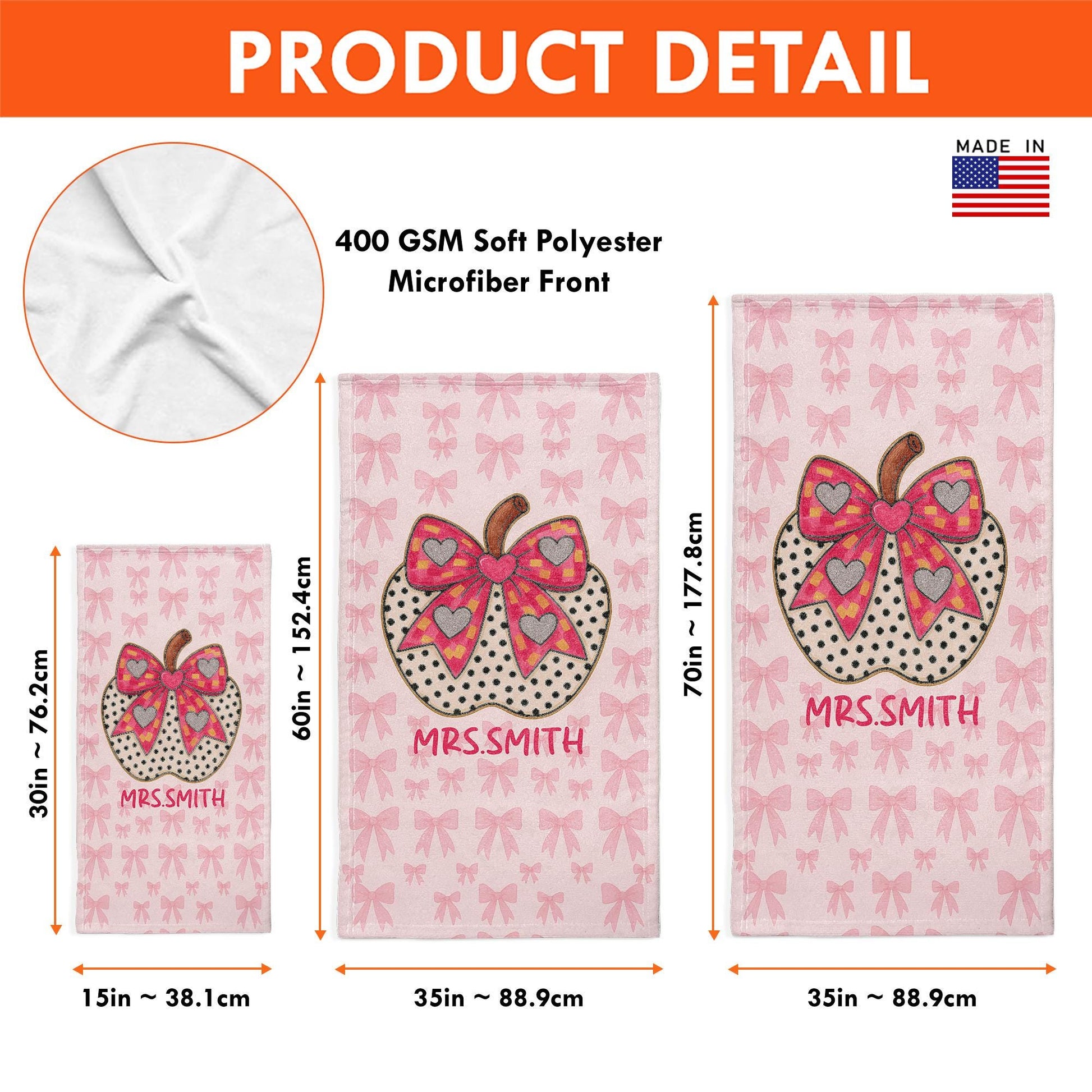 Custom Coquette Bow Teacher Towel – Personalized Name Beach Gift for Teacher, Pink Gingham Apple Summer Break Gift for Mrs. or Miss