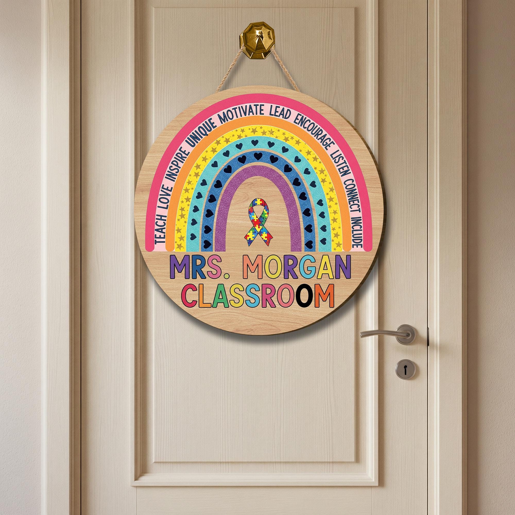 Personalized Rainbow Classroom Door Sign – Custom Teacher Name, Motivational Words & Autism Ribbon, Inclusive Back to School Decor