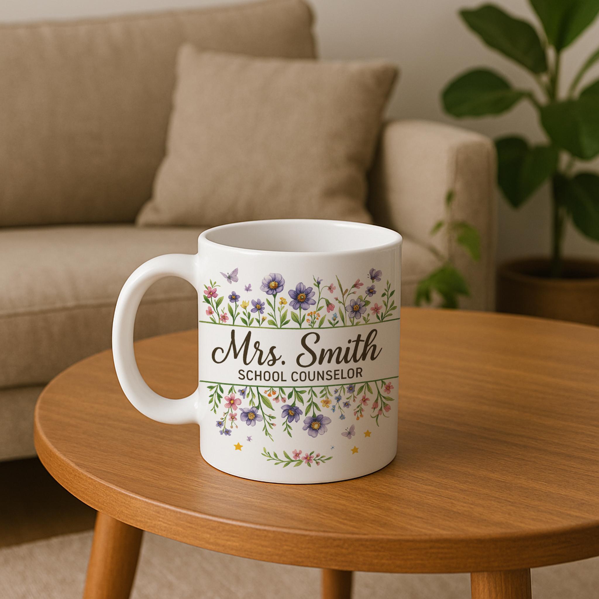 Personalized School Counselor Mug – Custom Floral Name Coffee Cup – Gift for Counselor, Therapist, or Educator Appreciation