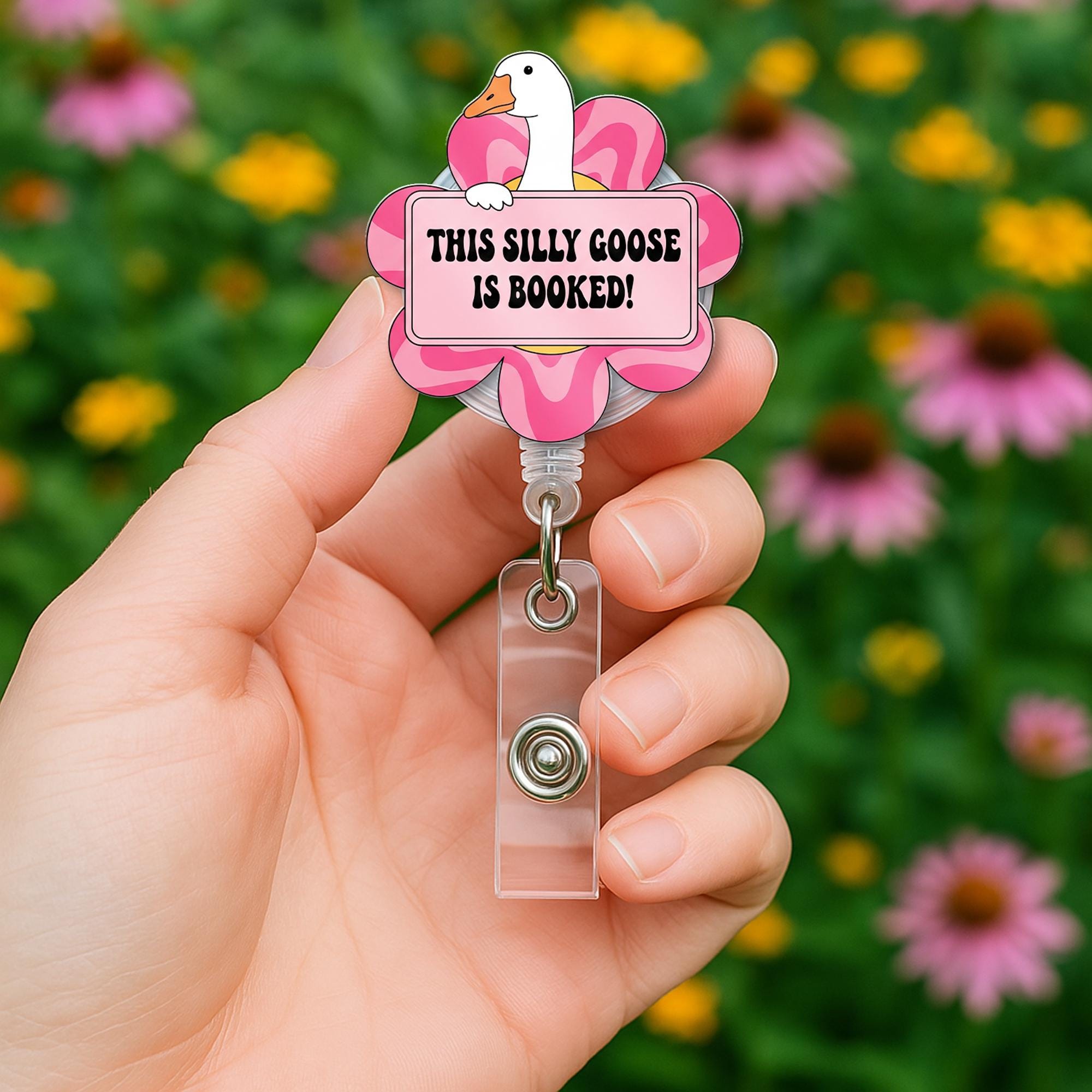 Funny Goose Badge Reel – “This Silly Goose Is Booked” Pink Flower Design, Cute ID Holder for Teachers, Librarians & Book Lovers, Educators