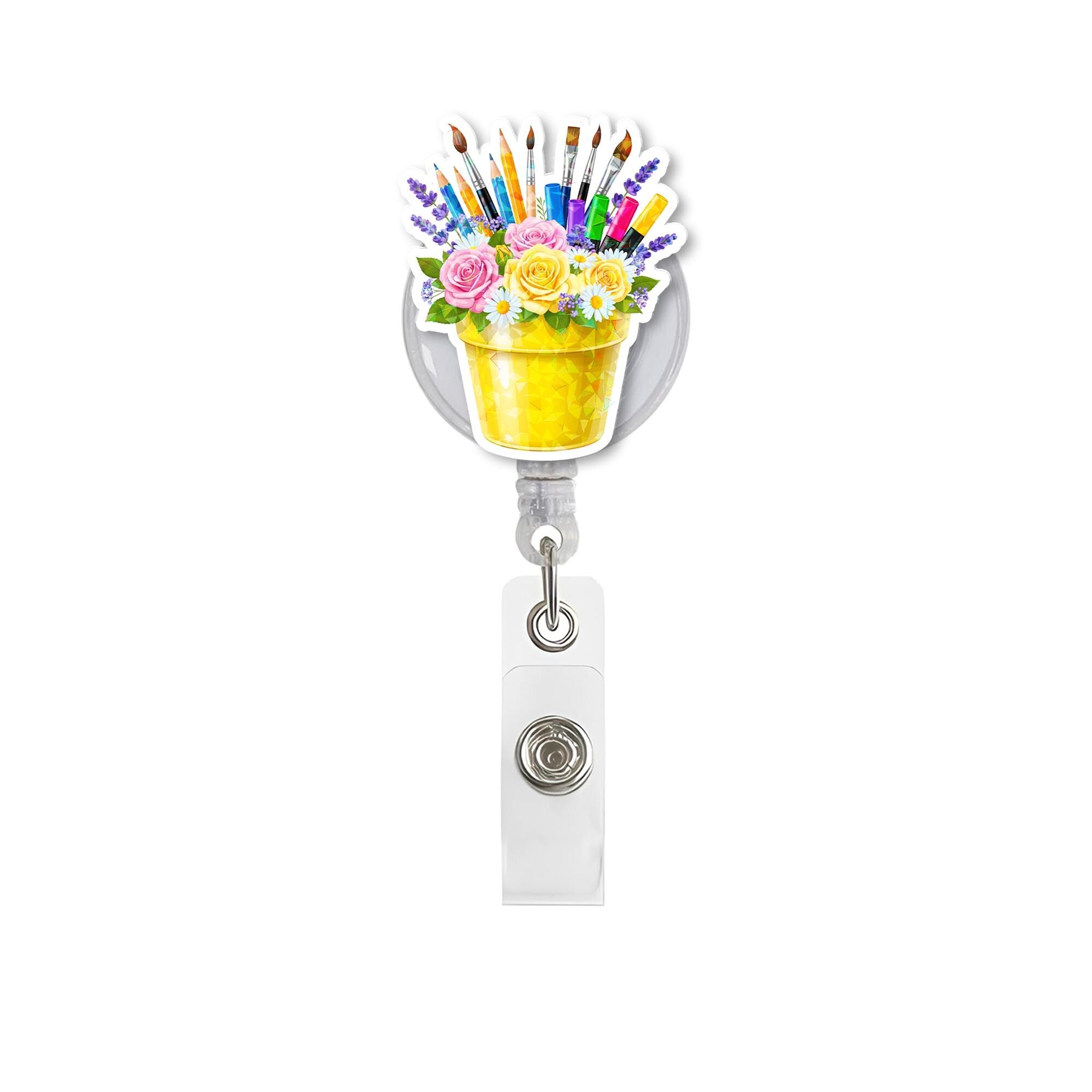 Art Teacher Badge Reel | Floral Paintbrush Holder ID Clip | Back to School Gift for Creative Educators, Artists & Teachers