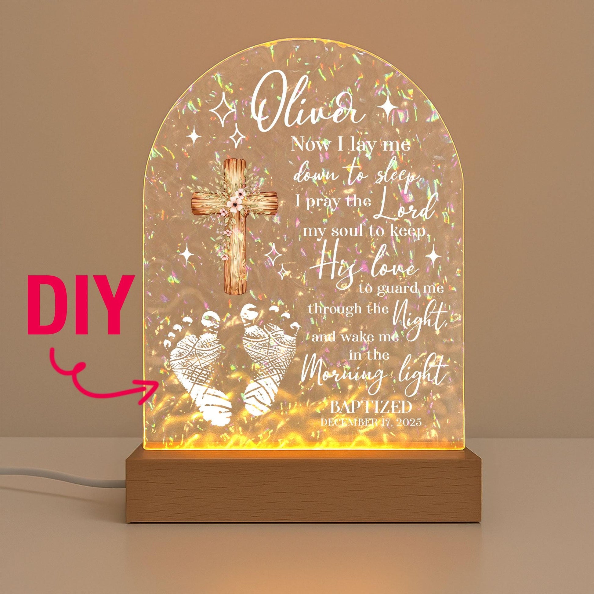 Personalized Baptism Night Light for Baby Boy – Custom Christian Nursery Lamp with Name & Date – Baptism Gift, Holographic LED Keepsake