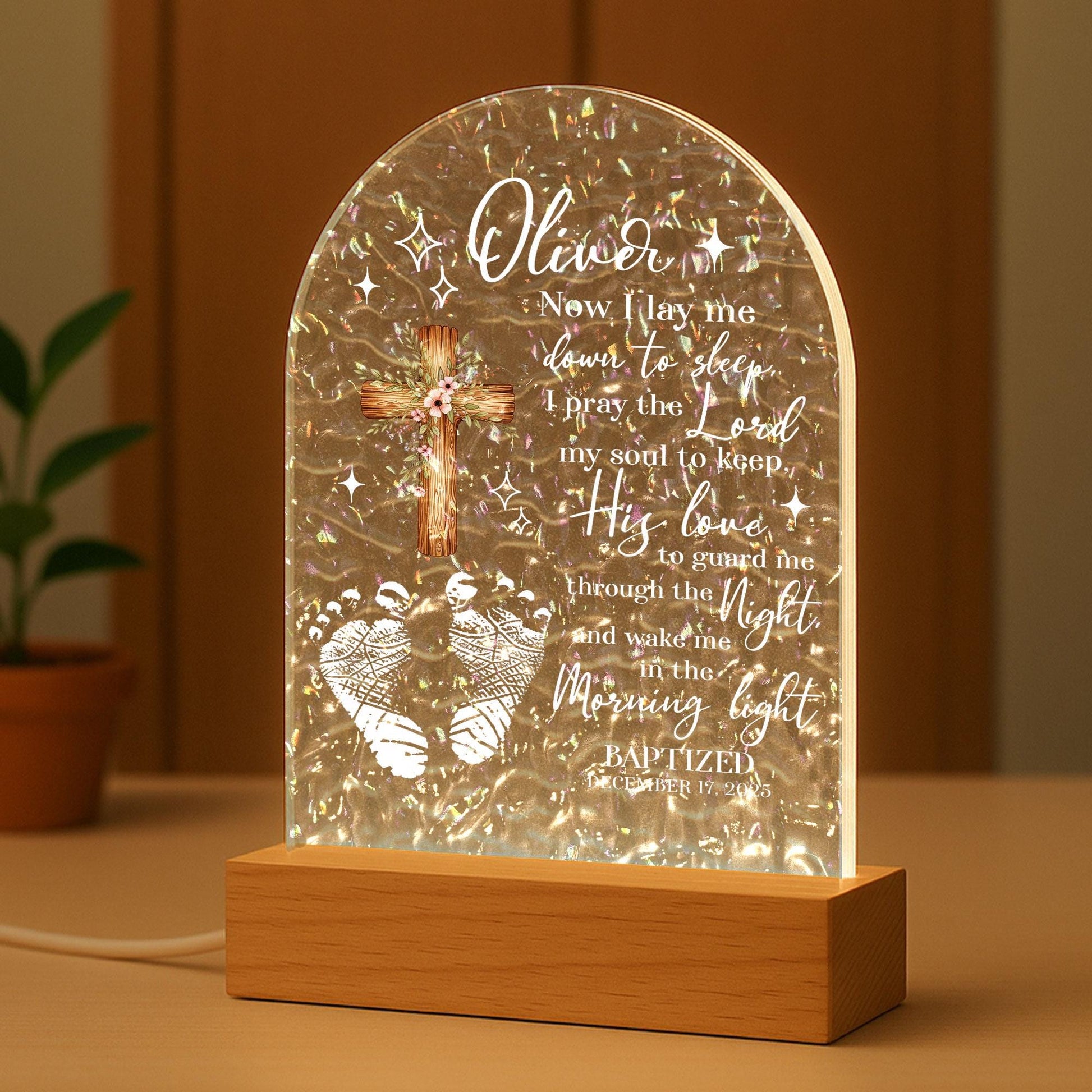Personalized Baptism Night Light for Baby Boy – Custom Christian Nursery Lamp with Name & Date – Baptism Gift, Holographic LED Keepsake