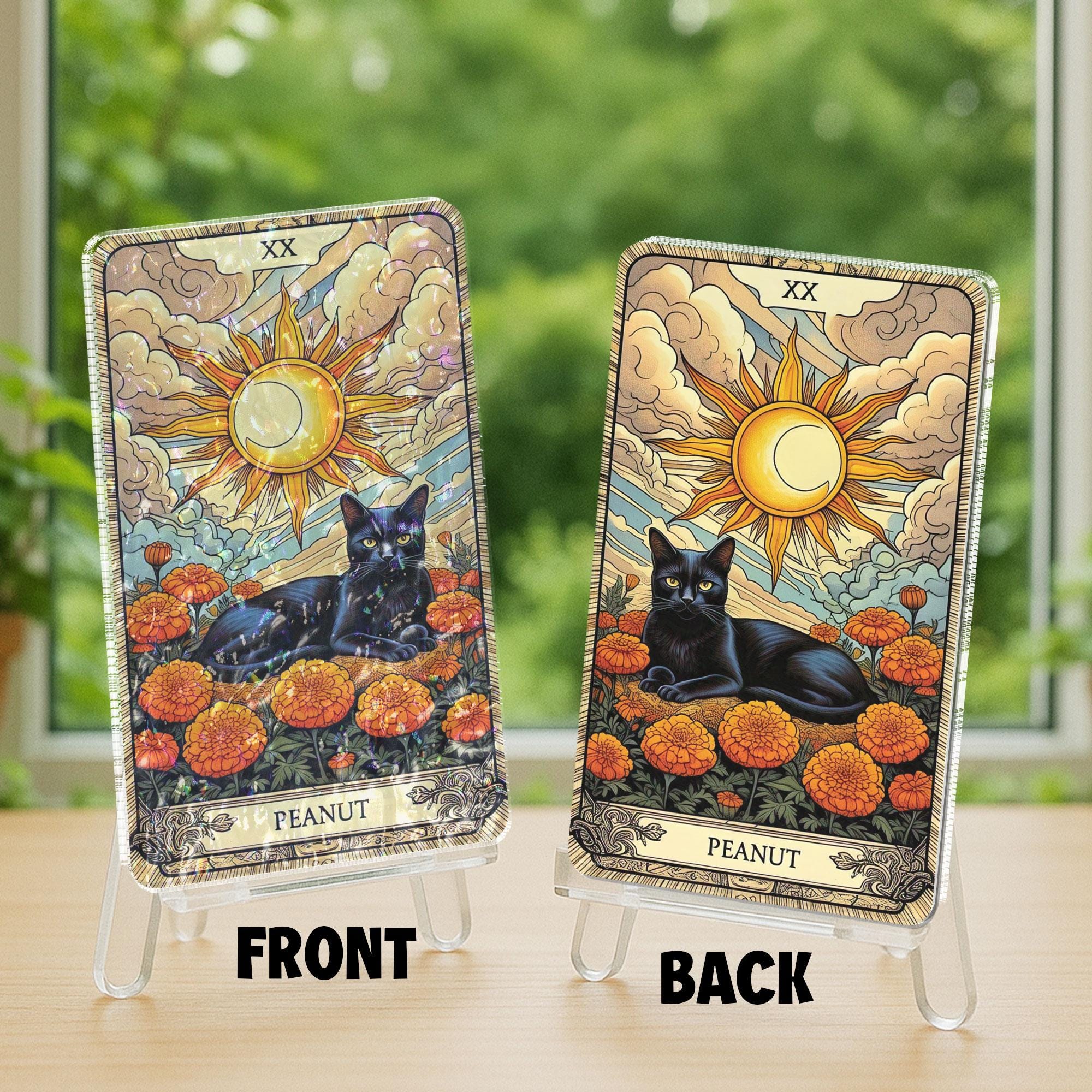 Custom Cat Tarot Card with Birth Month Flower – Holographic Pet Memorial Gift – Kawaii Cat Art Print – Personalized Animal Tarot Decor