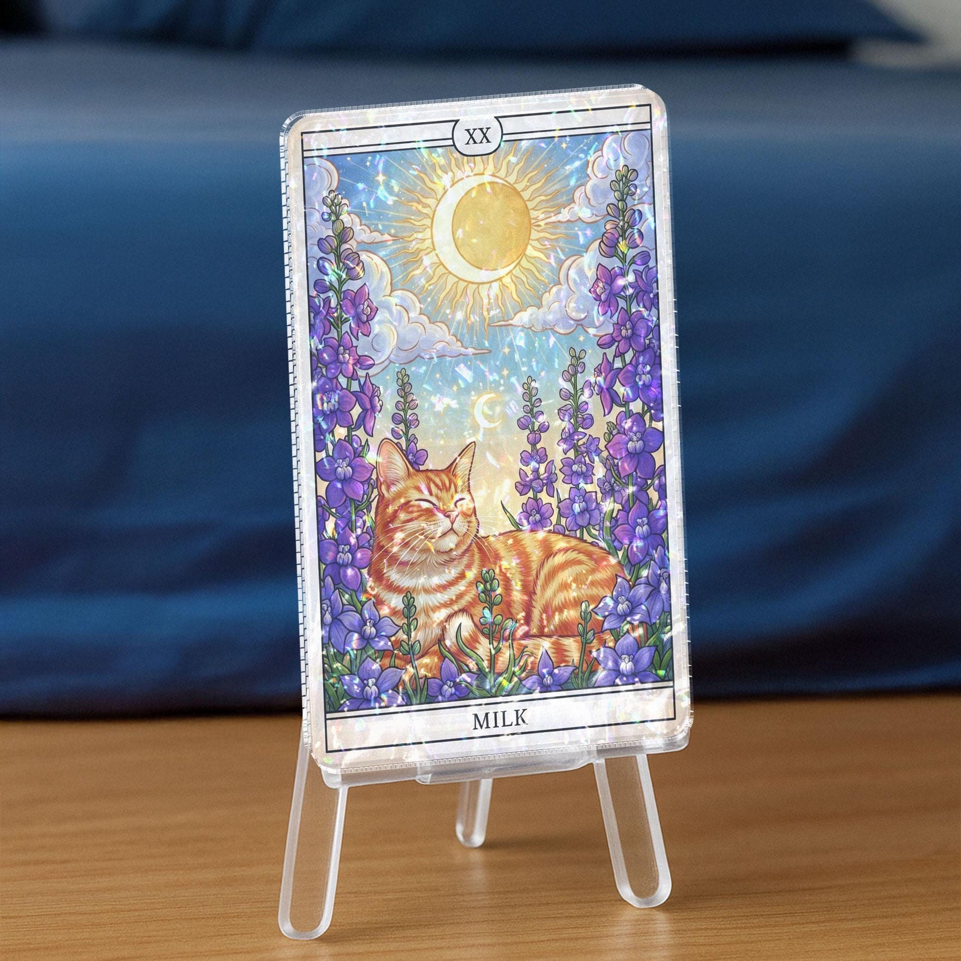 Custom Cat Tarot Card with Birth Month Flower – Holographic Pet Memorial Gift – Kawaii Cat Art Print – Personalized Animal Tarot Decor