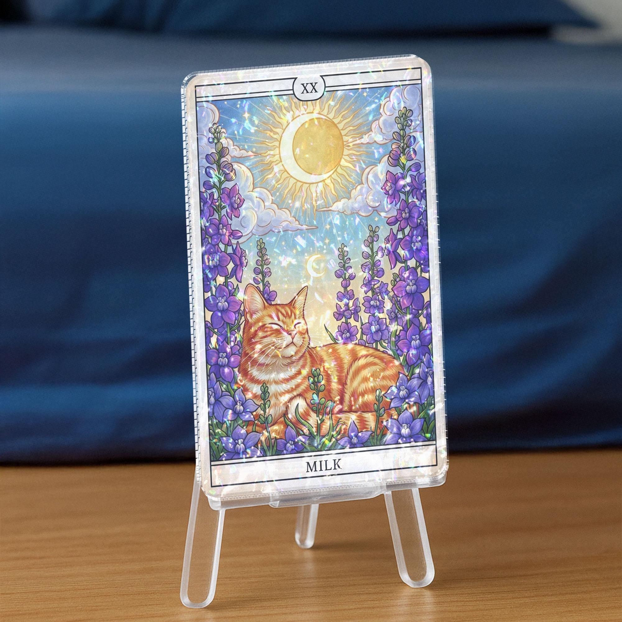 Custom Cat Tarot Card with Birth Month Flower – Holographic Pet Memorial Gift – Kawaii Cat Art Print – Personalized Animal Tarot Decor