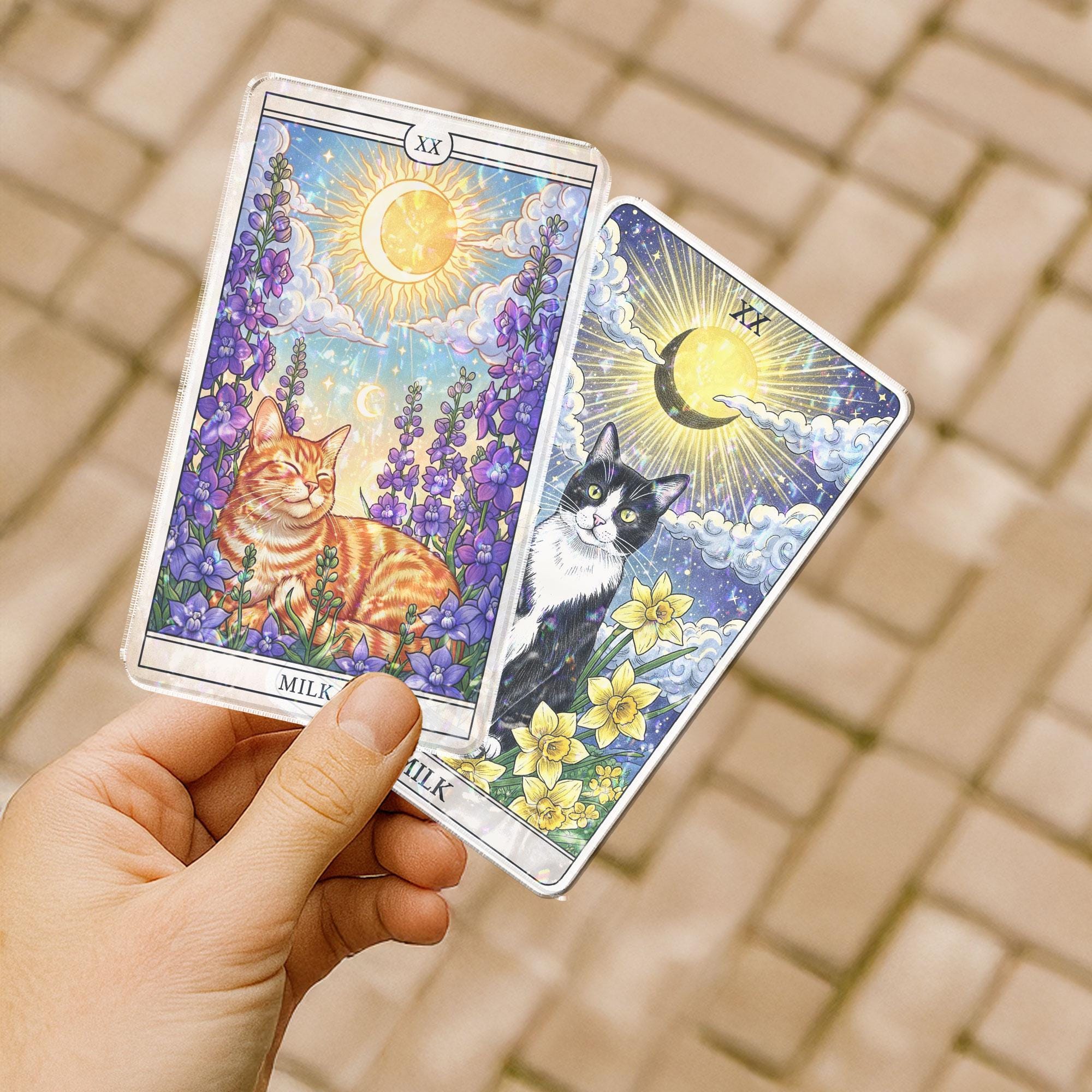 Custom Cat Tarot Card with Birth Month Flower – Holographic Pet Memorial Gift – Kawaii Cat Art Print – Personalized Animal Tarot Decor