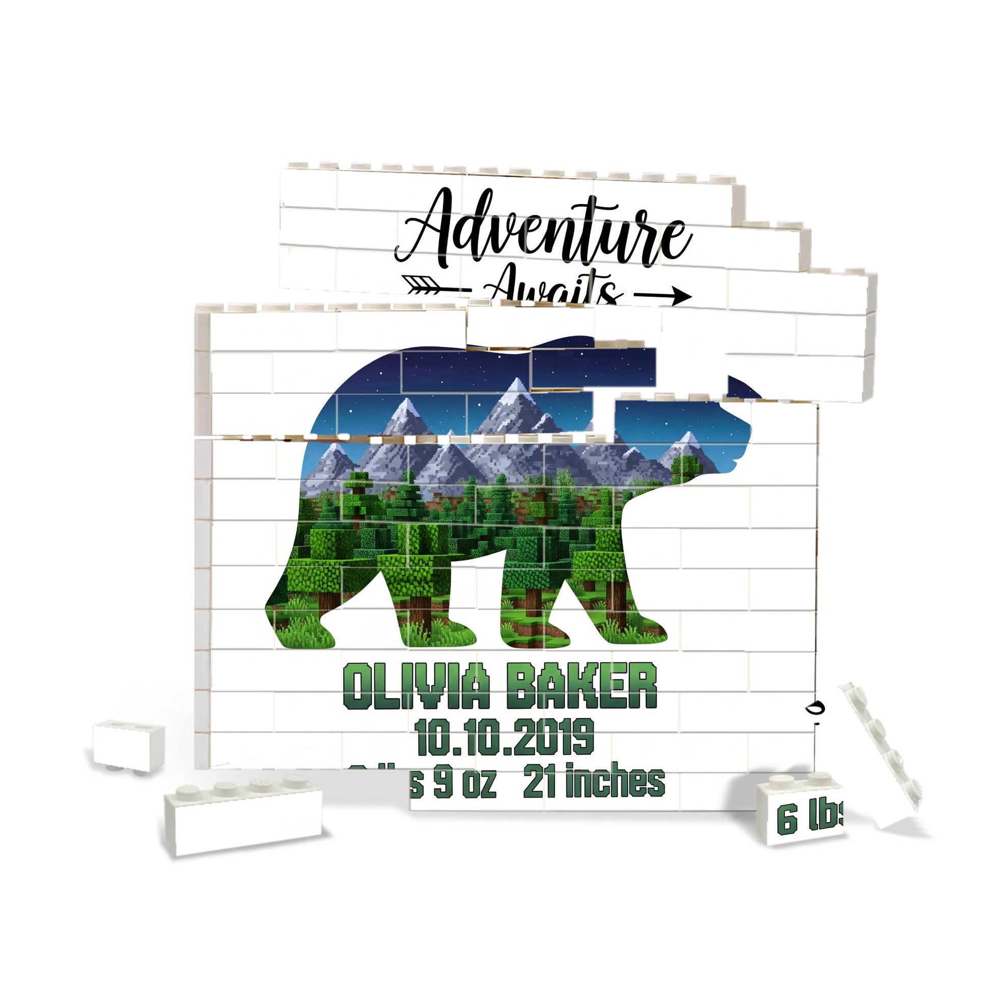 Personalized Bear Mountain Building Block, Nursery Decor, Baby Shower Gift, Adventure Awaits, Custom Birth Stats Keepsake Display