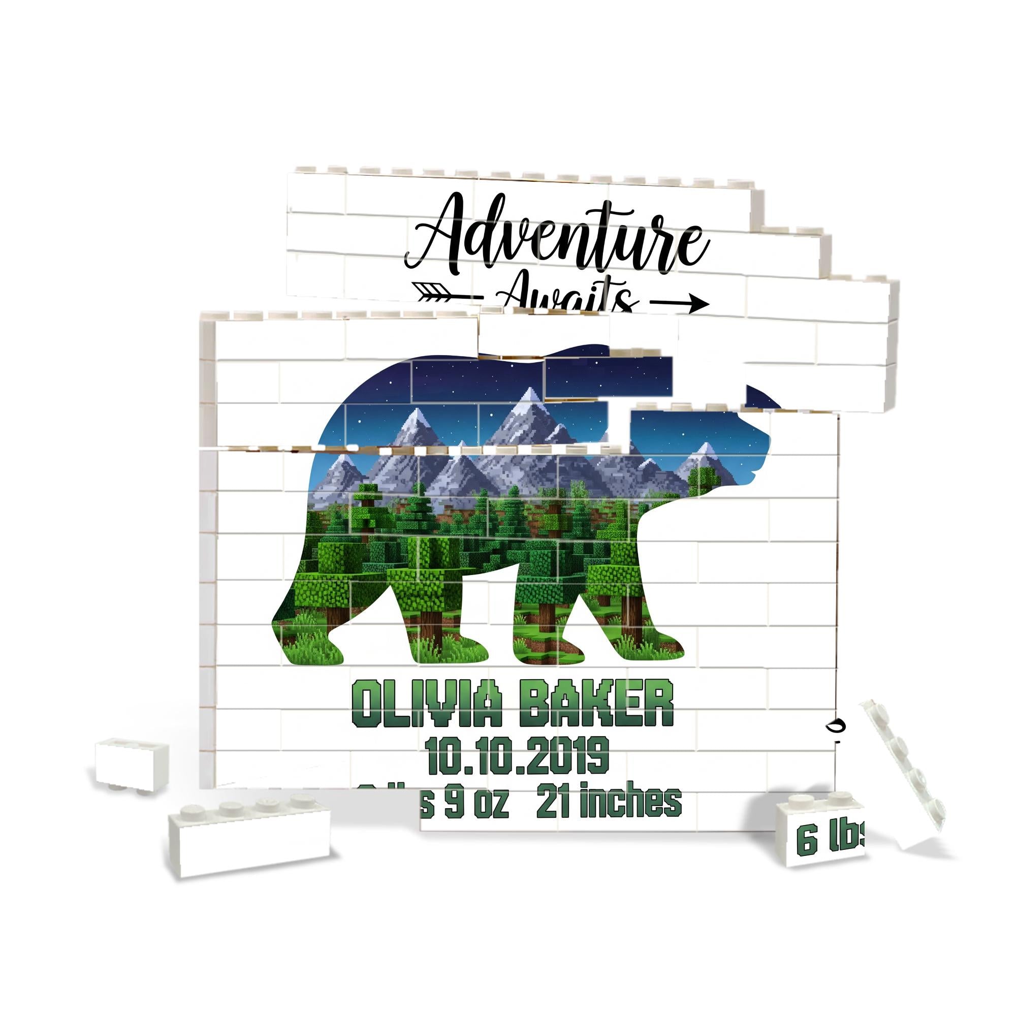 Personalized Bear Mountain Building Block, Nursery Decor, Baby Shower Gift, Adventure Awaits, Custom Birth Stats Keepsake Display