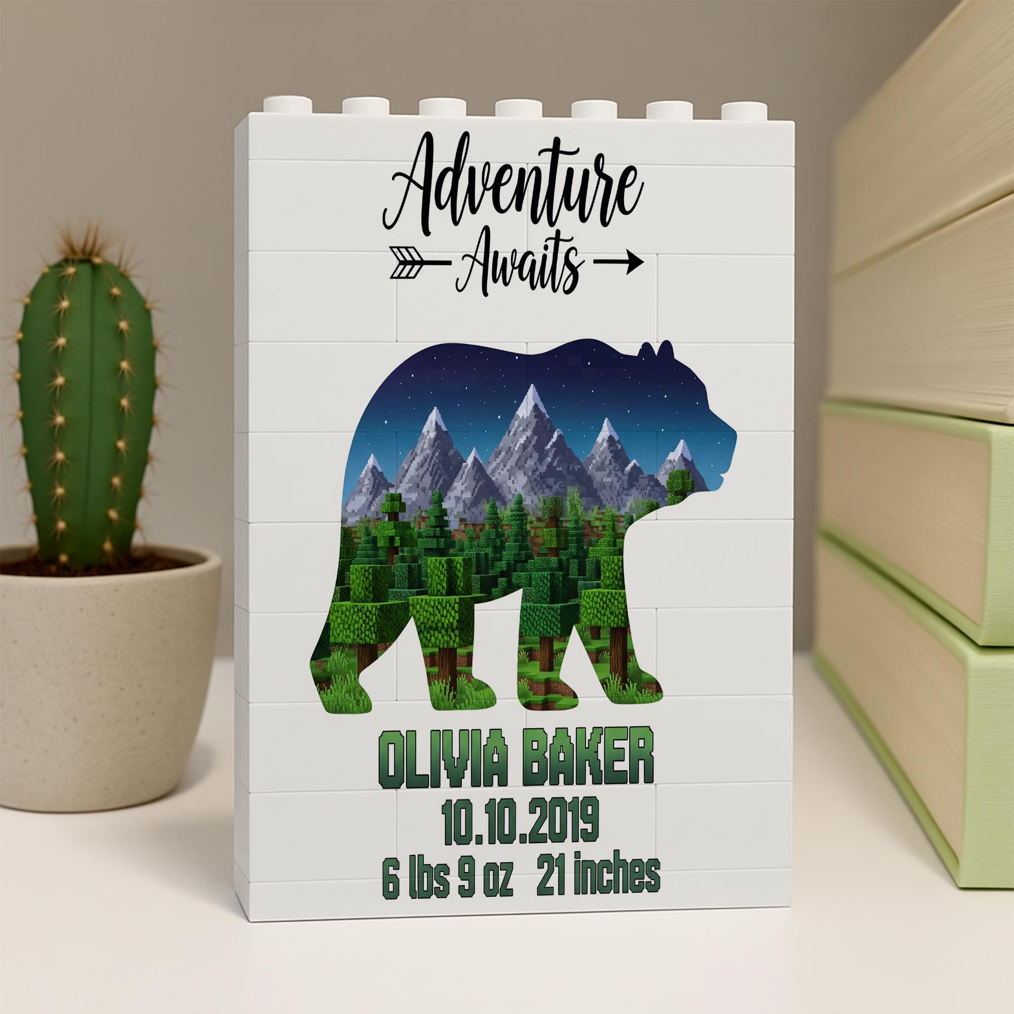 Personalized Bear Mountain Building Block, Nursery Decor, Baby Shower Gift, Adventure Awaits, Custom Birth Stats Keepsake Display