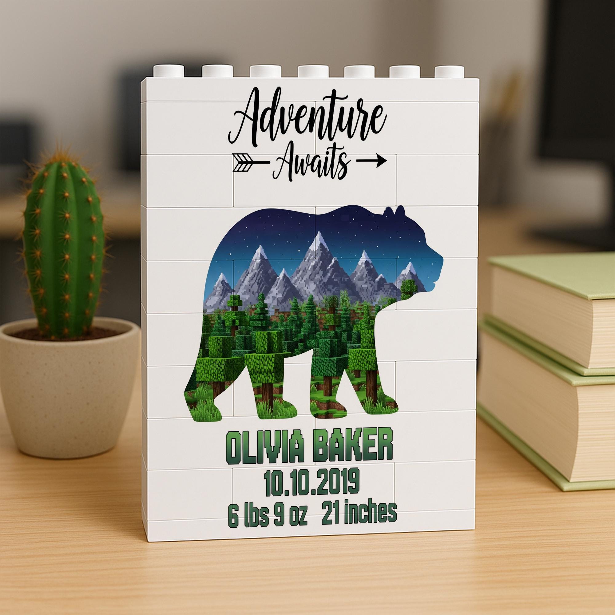 Personalized Bear Mountain Building Block, Nursery Decor, Baby Shower Gift, Adventure Awaits, Custom Birth Stats Keepsake Display