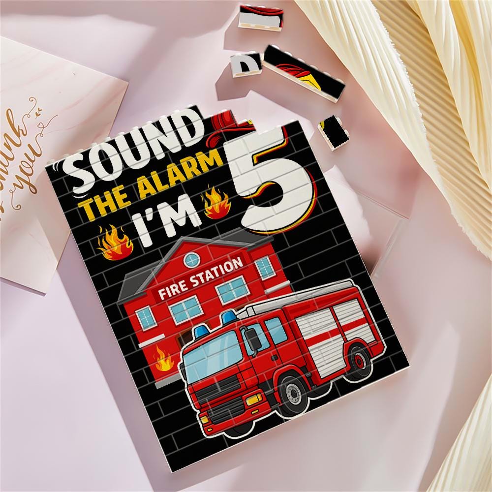 Personalized Sound the Alarm I'm 5 Firetruck Building Block Birthday Gift, Firefighter Party Favor, 5th Birthday Boy Pretend Play Toy