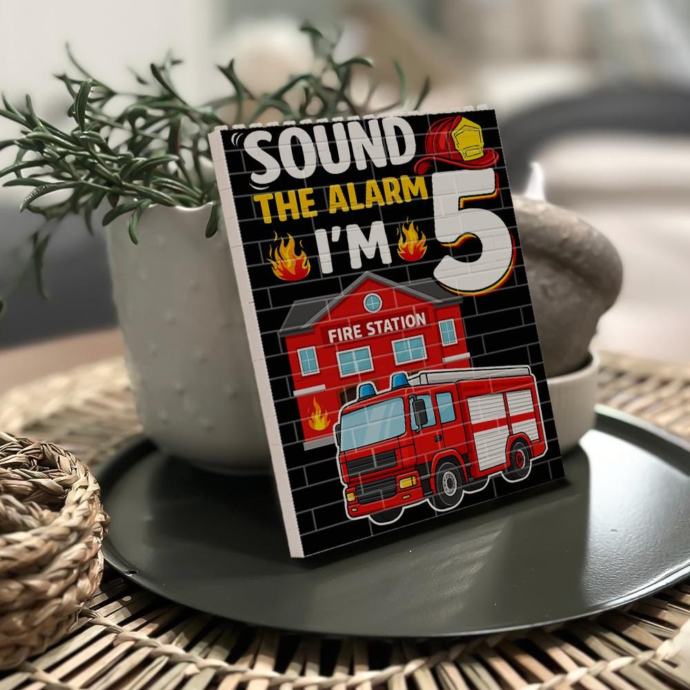 Personalized Sound the Alarm I'm 5 Firetruck Building Block Birthday Gift, Firefighter Party Favor, 5th Birthday Boy Pretend Play Toy