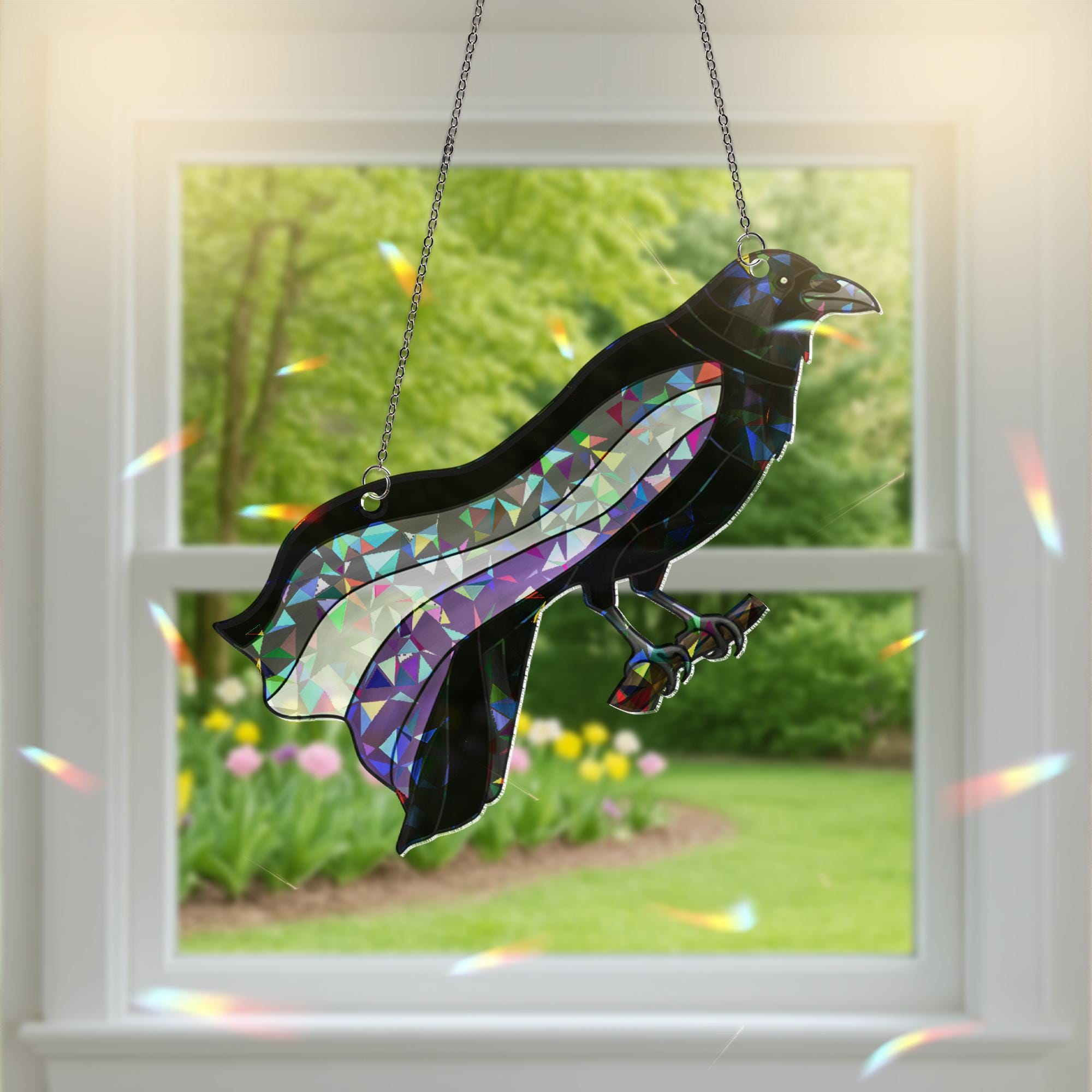 Crow Asexual Pride Suncatcher | Holographic Acrylic Window Decor | Ace LGBTQ+ Bird Lover Gift | Gothic Raven Aesthetic Sun Catcher