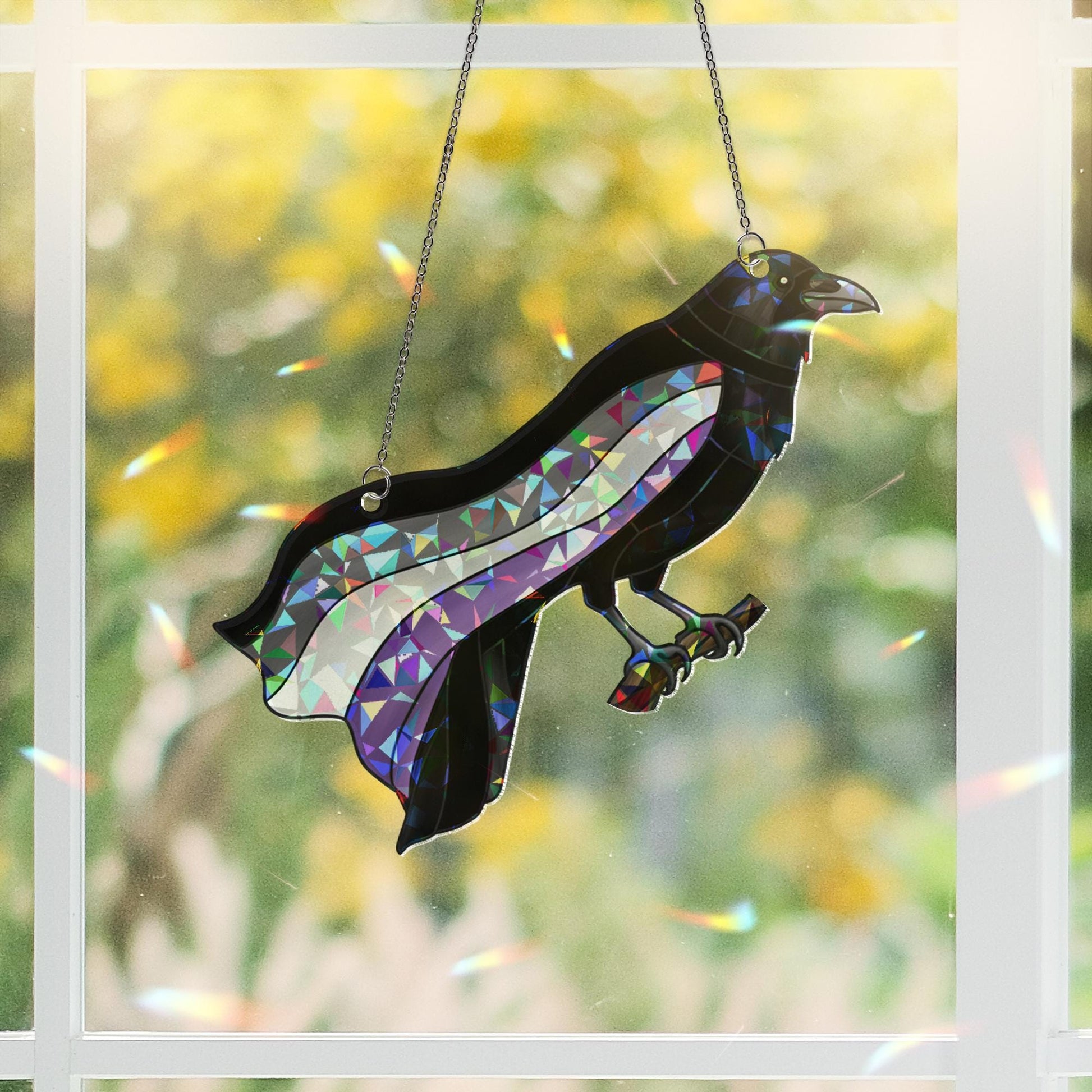 Crow Asexual Pride Suncatcher | Holographic Acrylic Window Decor | Ace LGBTQ+ Bird Lover Gift | Gothic Raven Aesthetic Sun Catcher