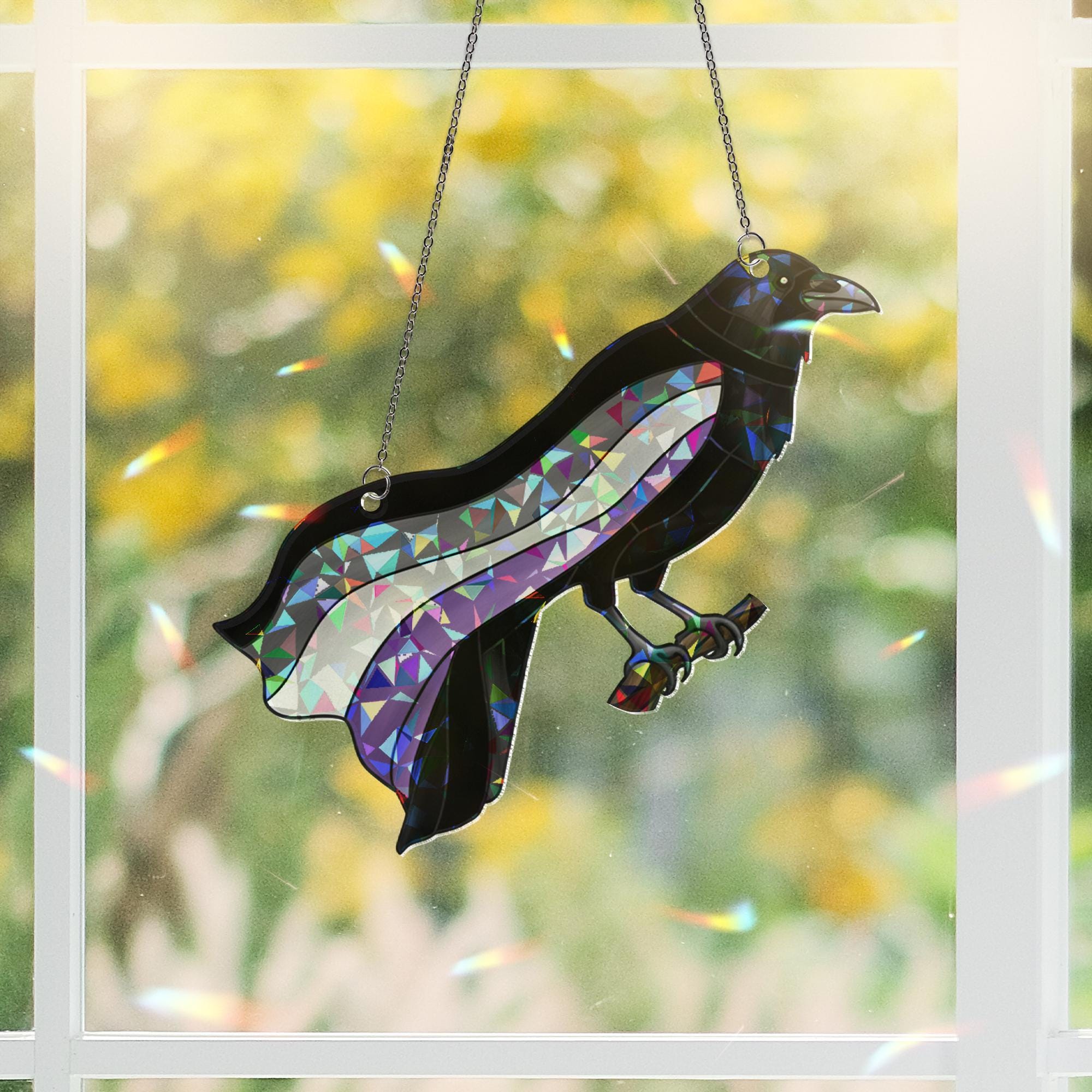 Crow Asexual Pride Suncatcher | Holographic Acrylic Window Decor | Ace LGBTQ+ Bird Lover Gift | Gothic Raven Aesthetic Sun Catcher